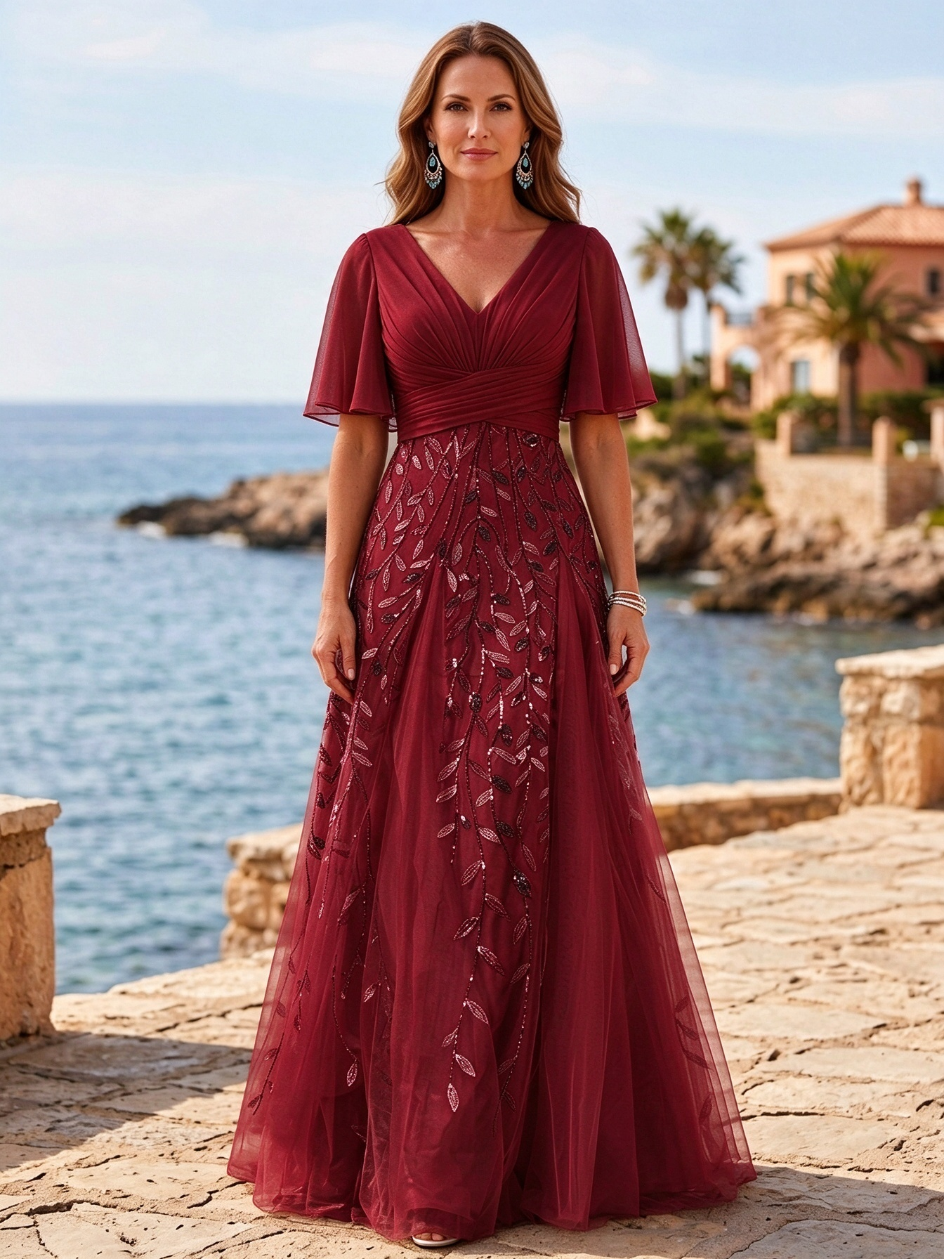A-line V-neck Half-sleeve Side-slit Mother Of The Bride Maxi Dress