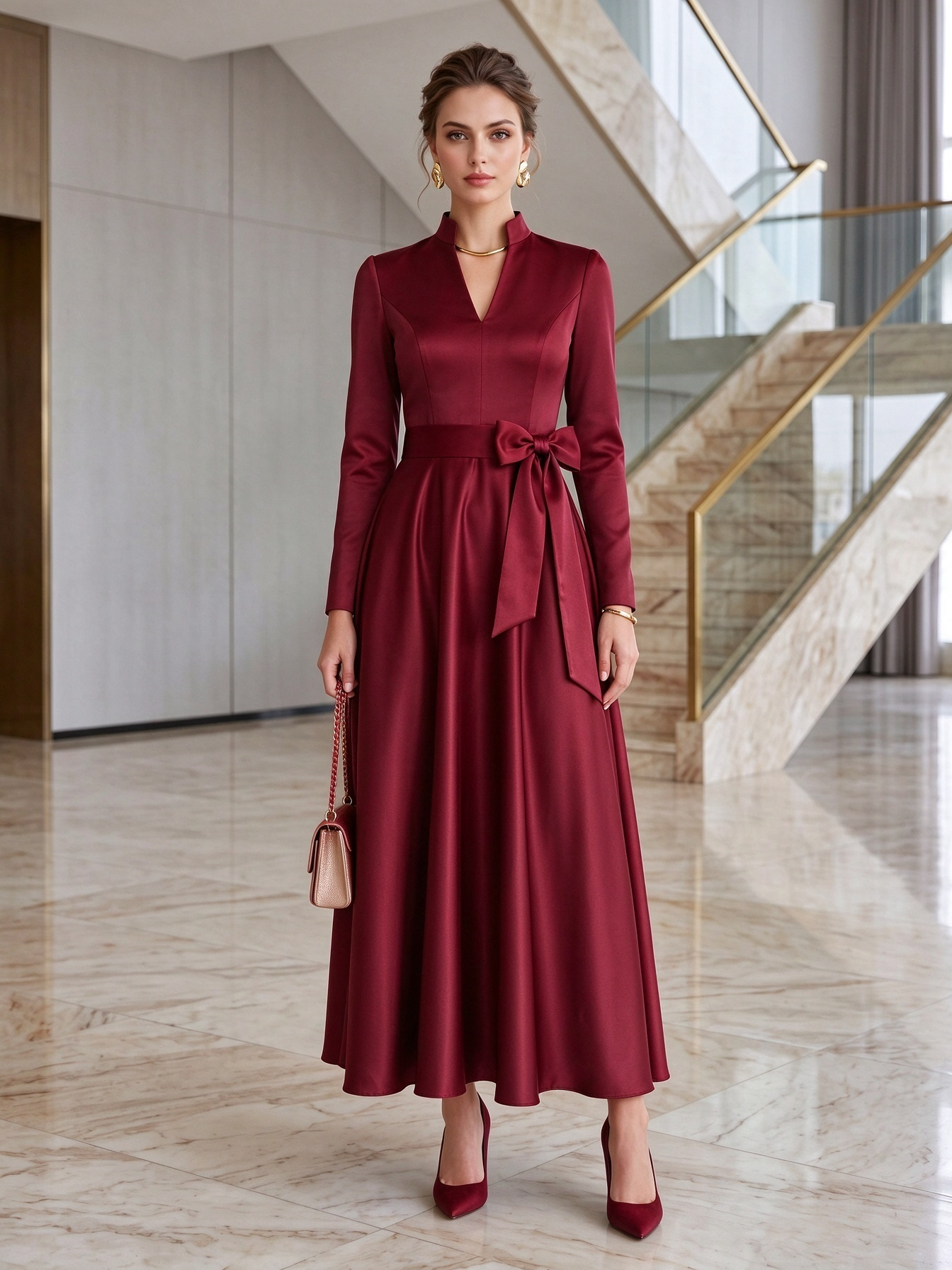 Navy Satin High Neck Long Sleeve Bow Belt A-Line Maxi Dress