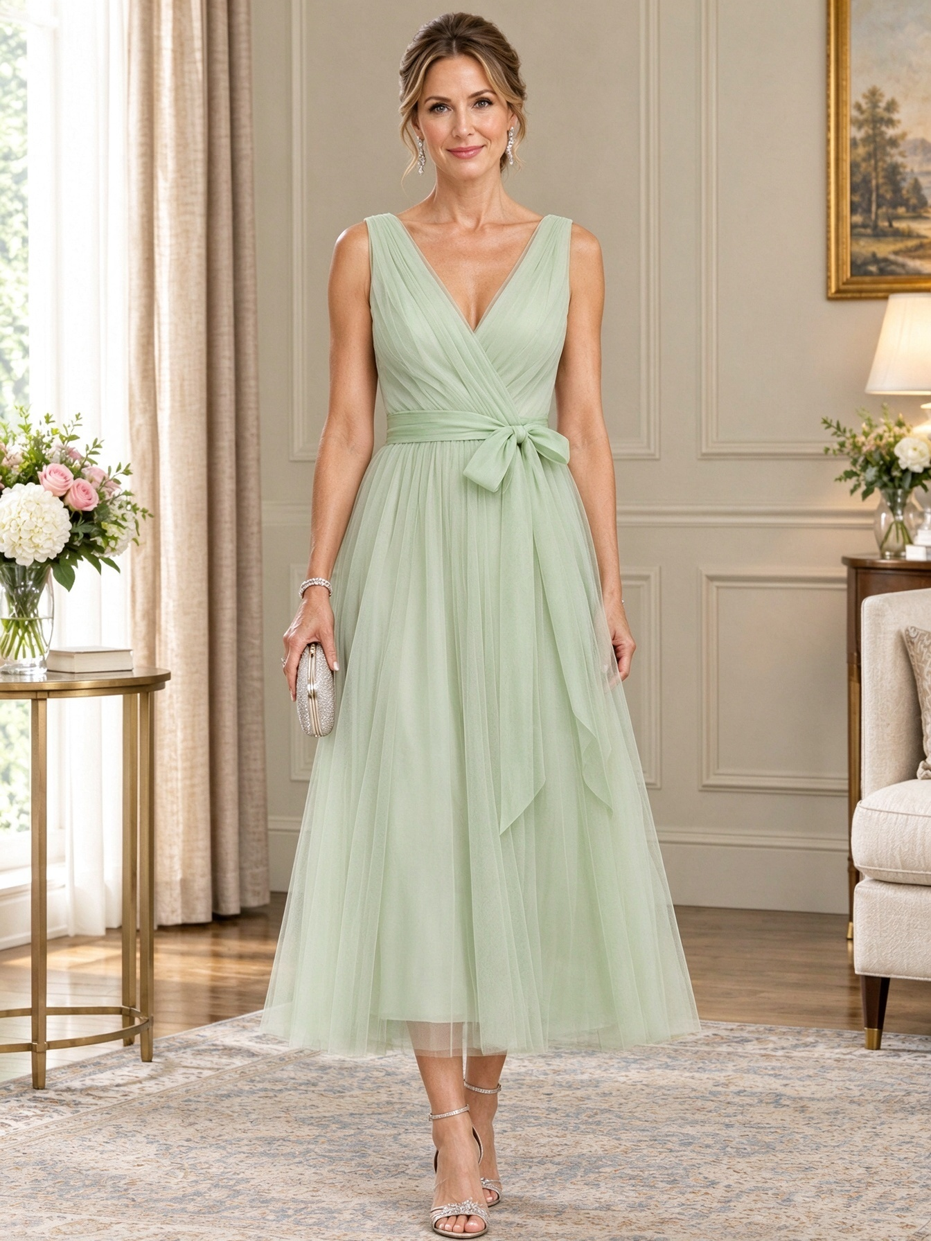 Mesh Chiffon V-Neck Belted A-Line Midi Dress