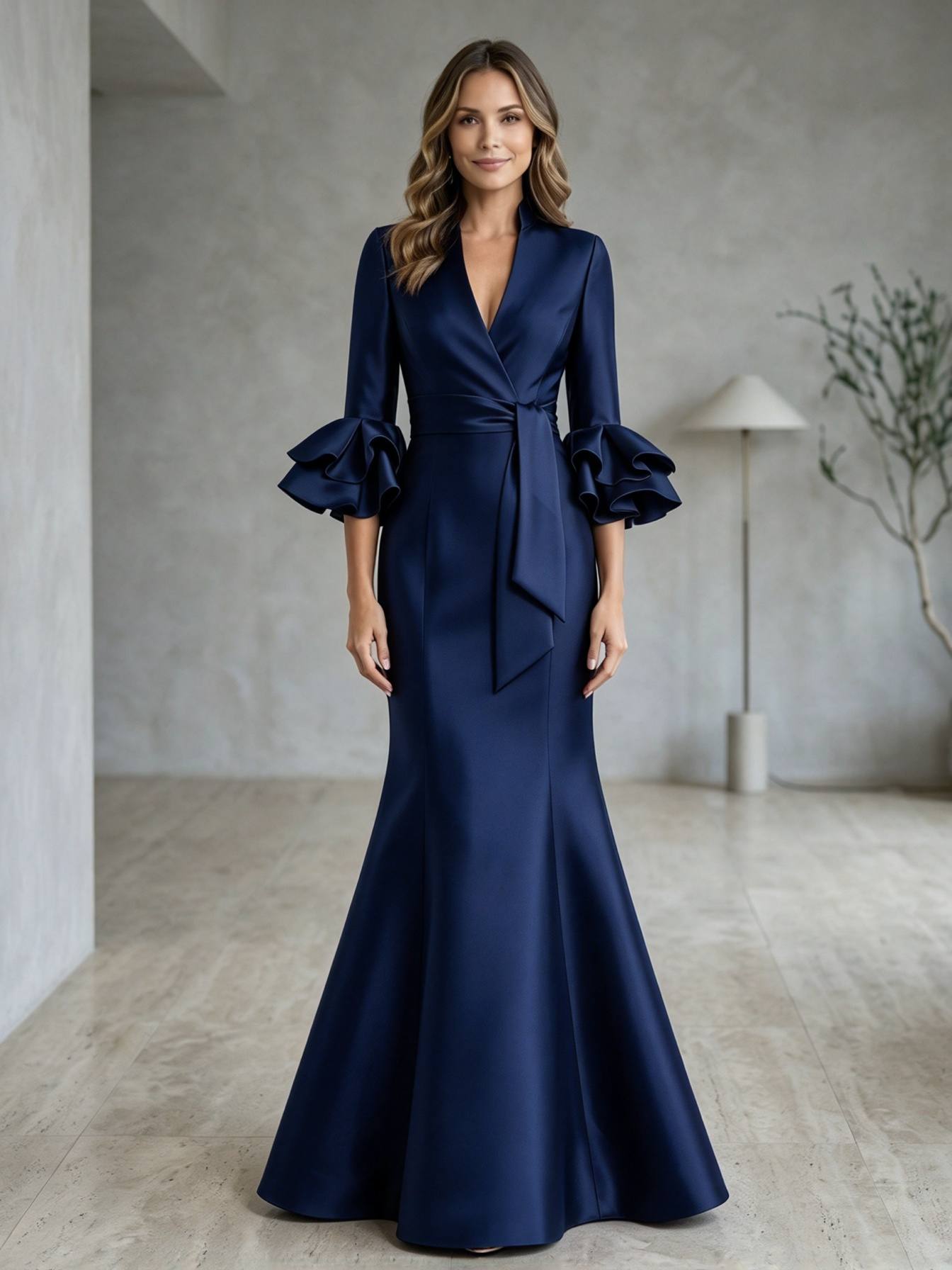 Burgundy Surplice V-Neck Ruffle-Cuff Sash Mermaid Maxi Dress