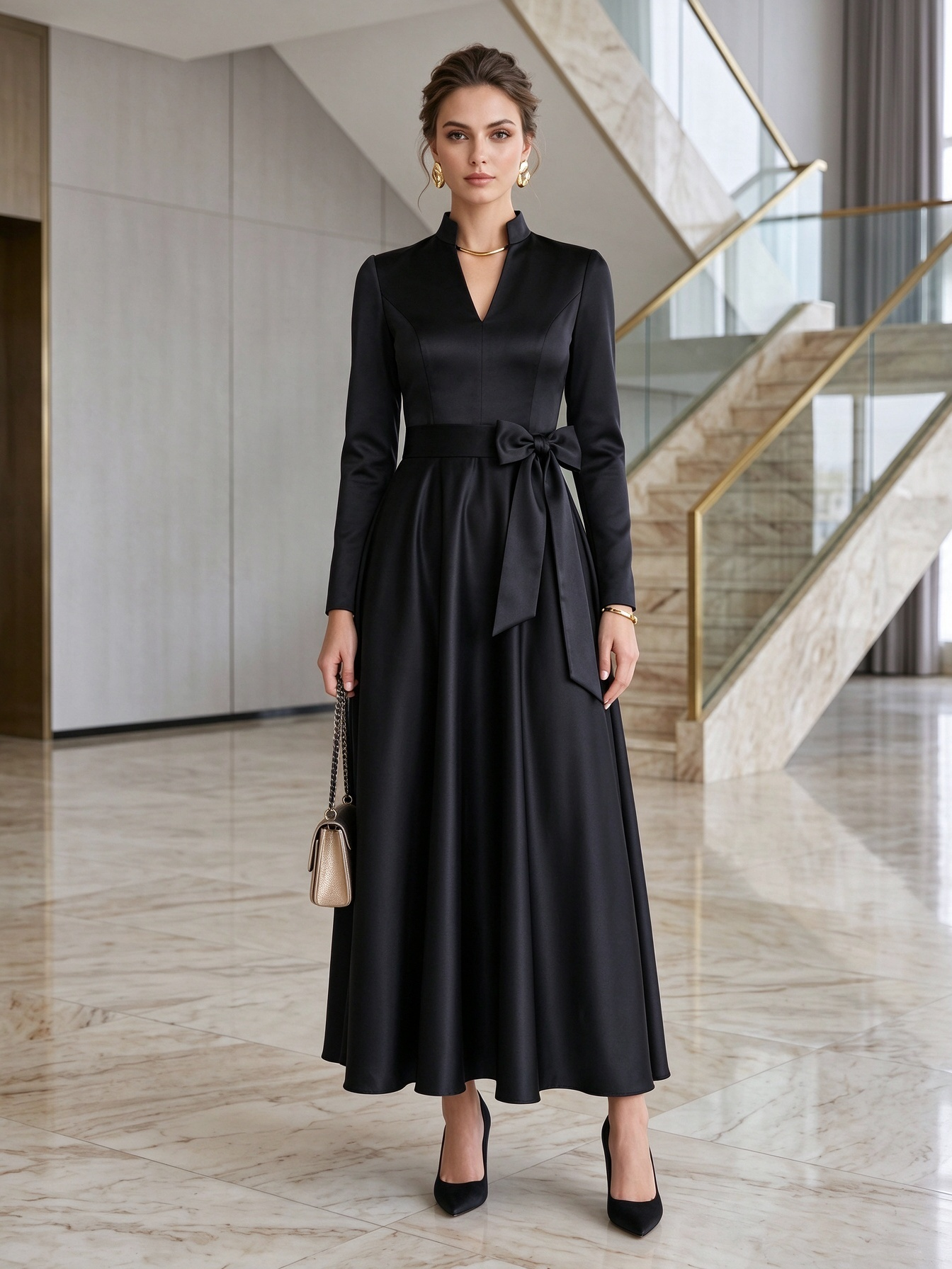 Navy Satin High Neck Long Sleeve Bow Belt A-Line Maxi Dress