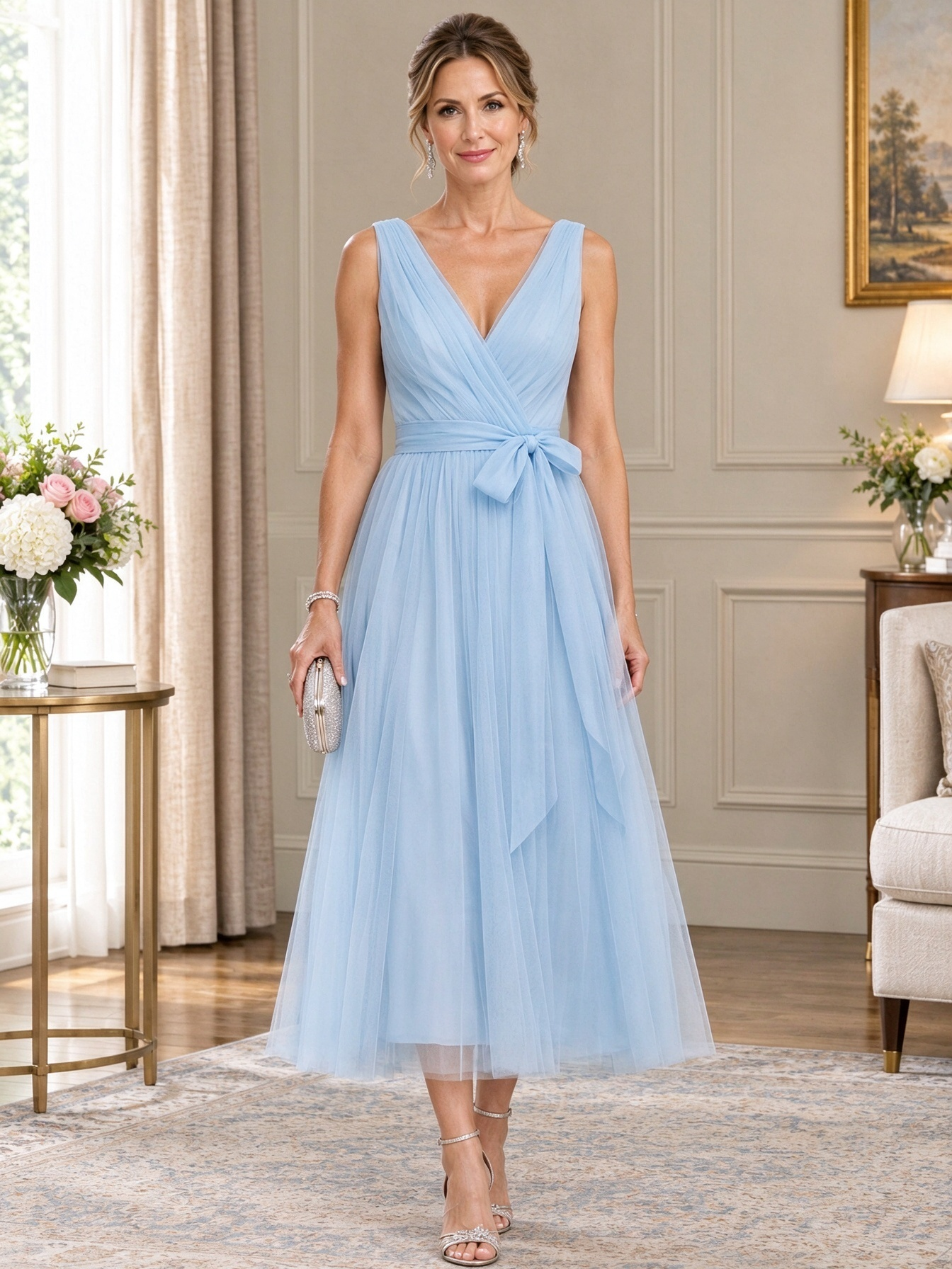Mesh Chiffon V-Neck Belted A-Line Midi Dress
