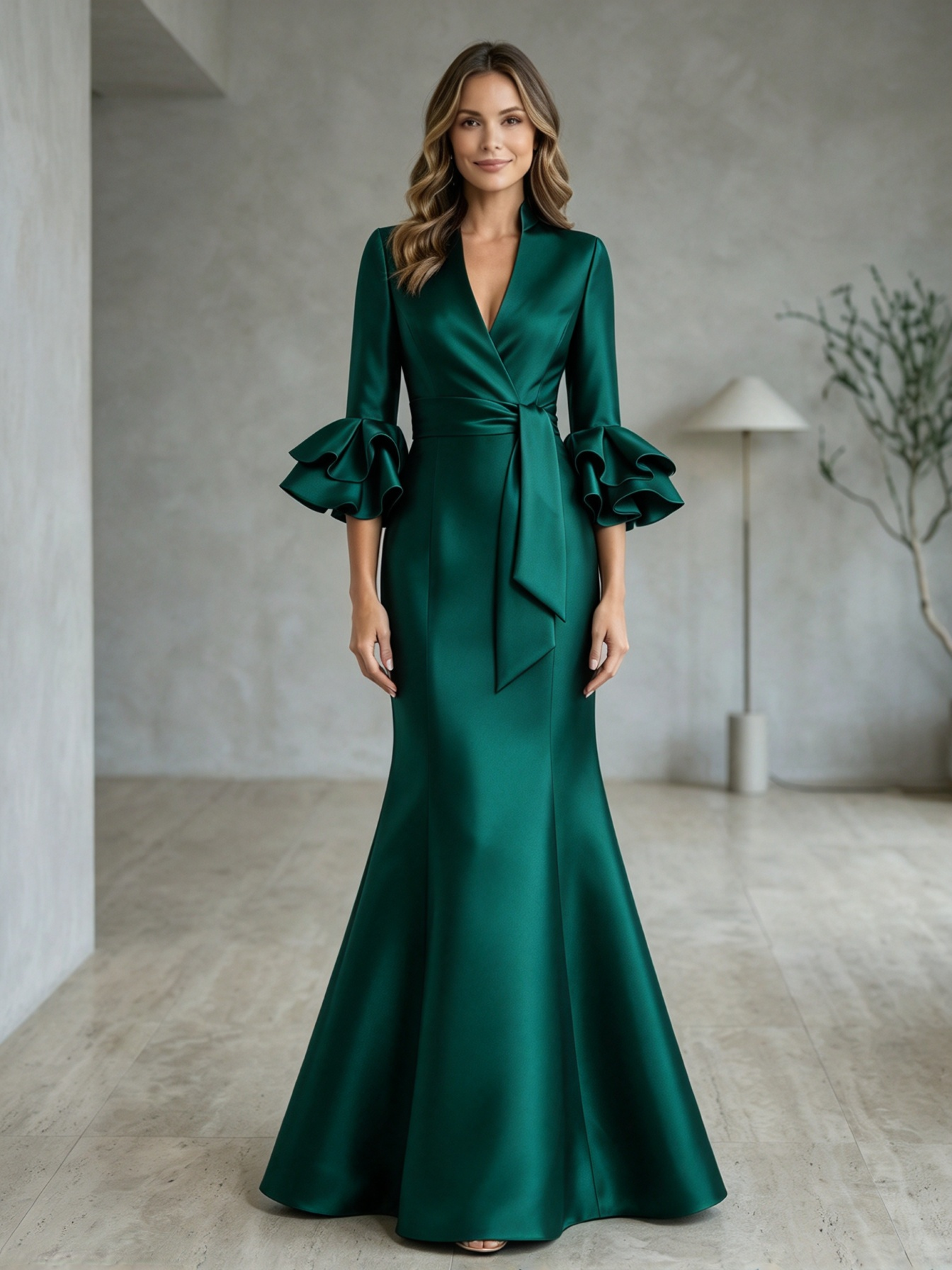 Burgundy Surplice V-Neck Ruffle-Cuff Sash Mermaid Maxi Dress