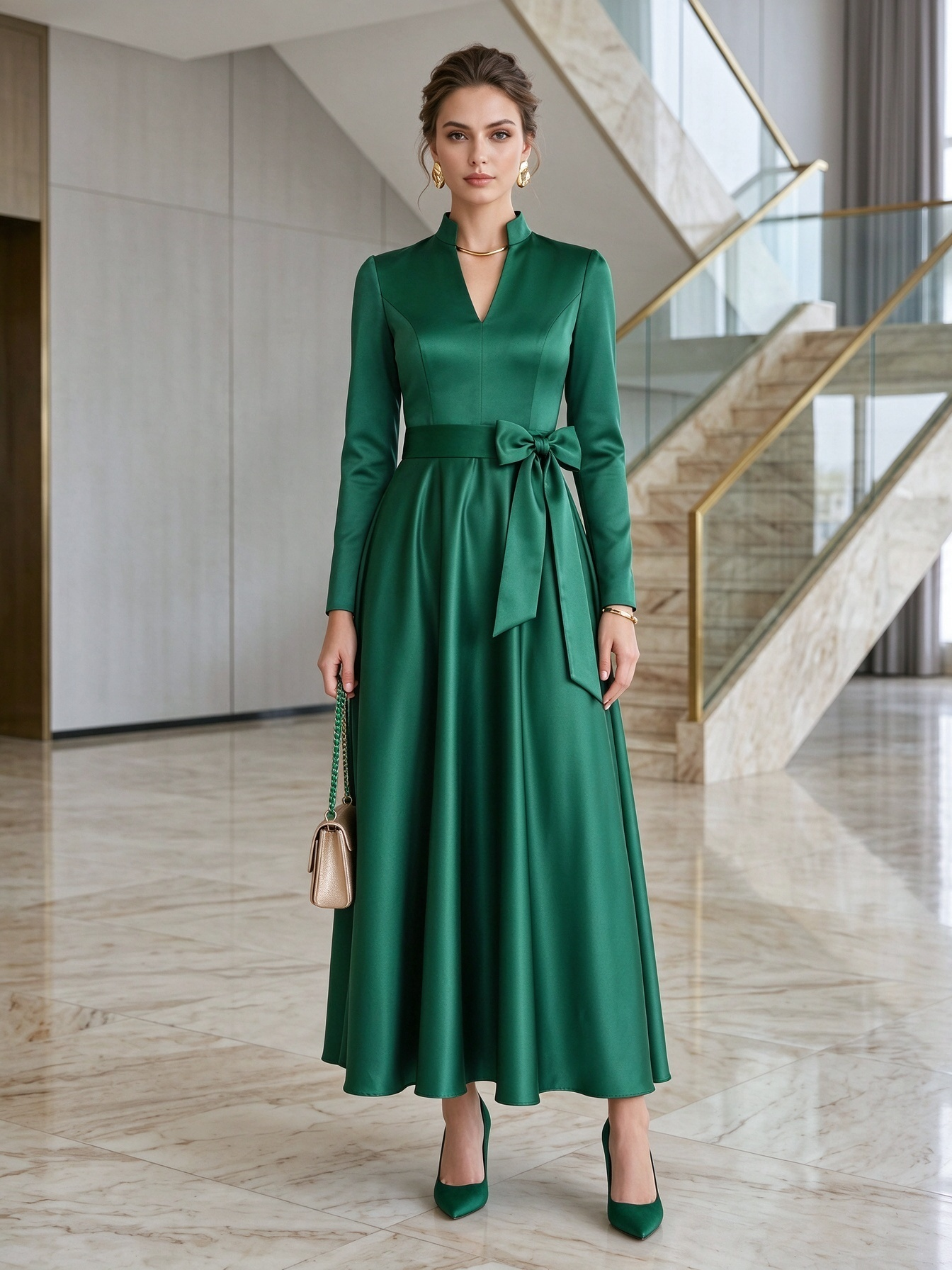 Navy Satin High Neck Long Sleeve Bow Belt A-Line Maxi Dress