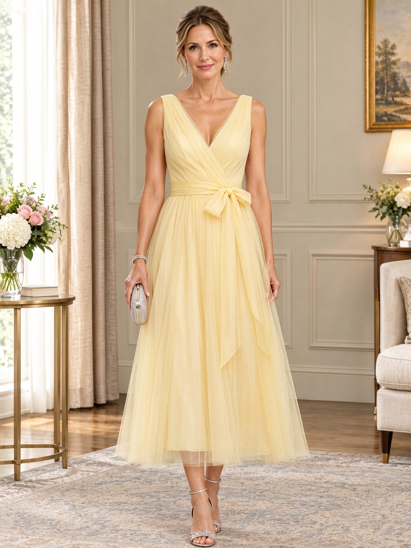 Mesh Chiffon V-Neck Belted A-Line Midi Dress