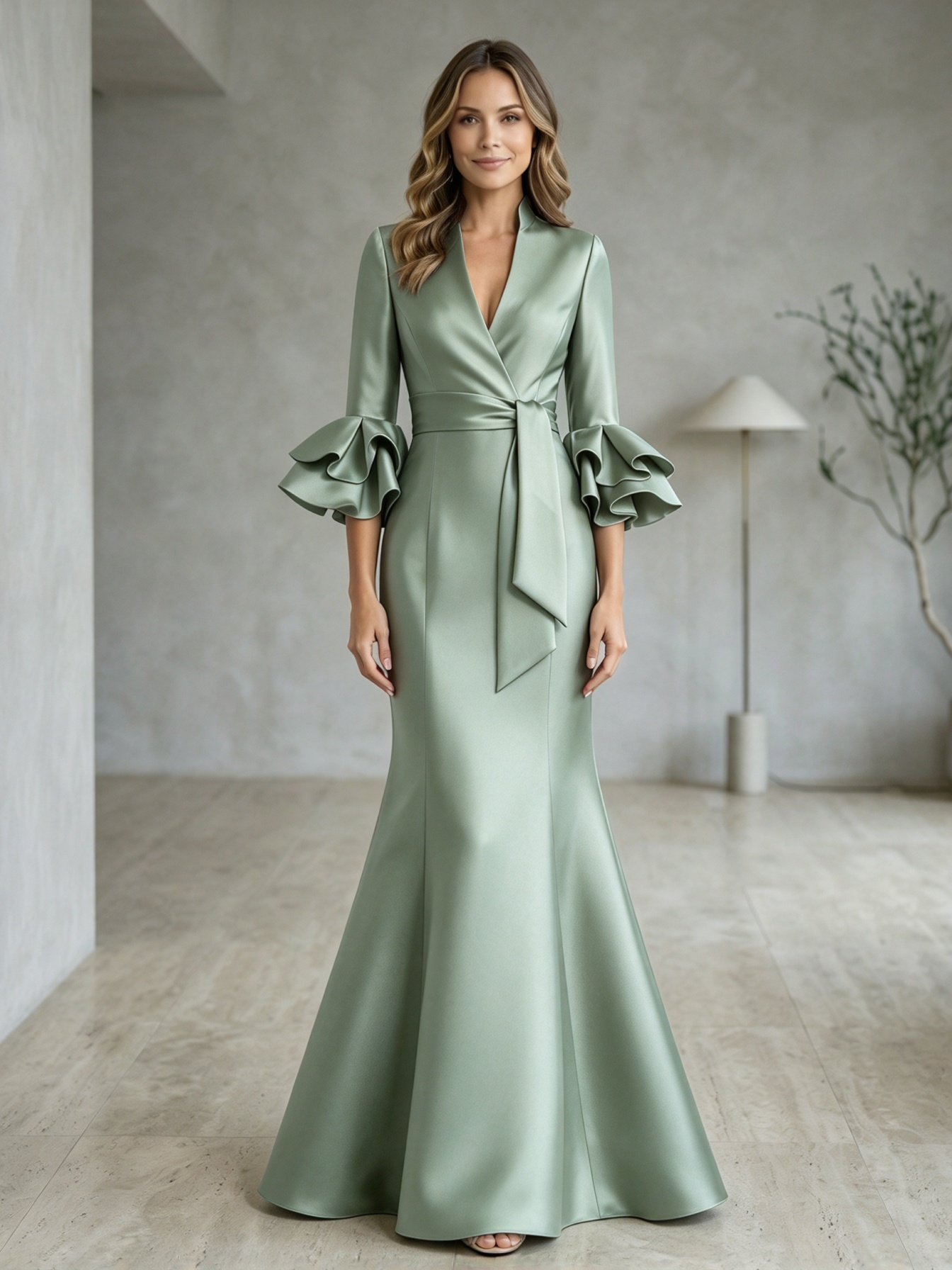 Burgundy Surplice V-Neck Ruffle-Cuff Sash Mermaid Maxi Dress