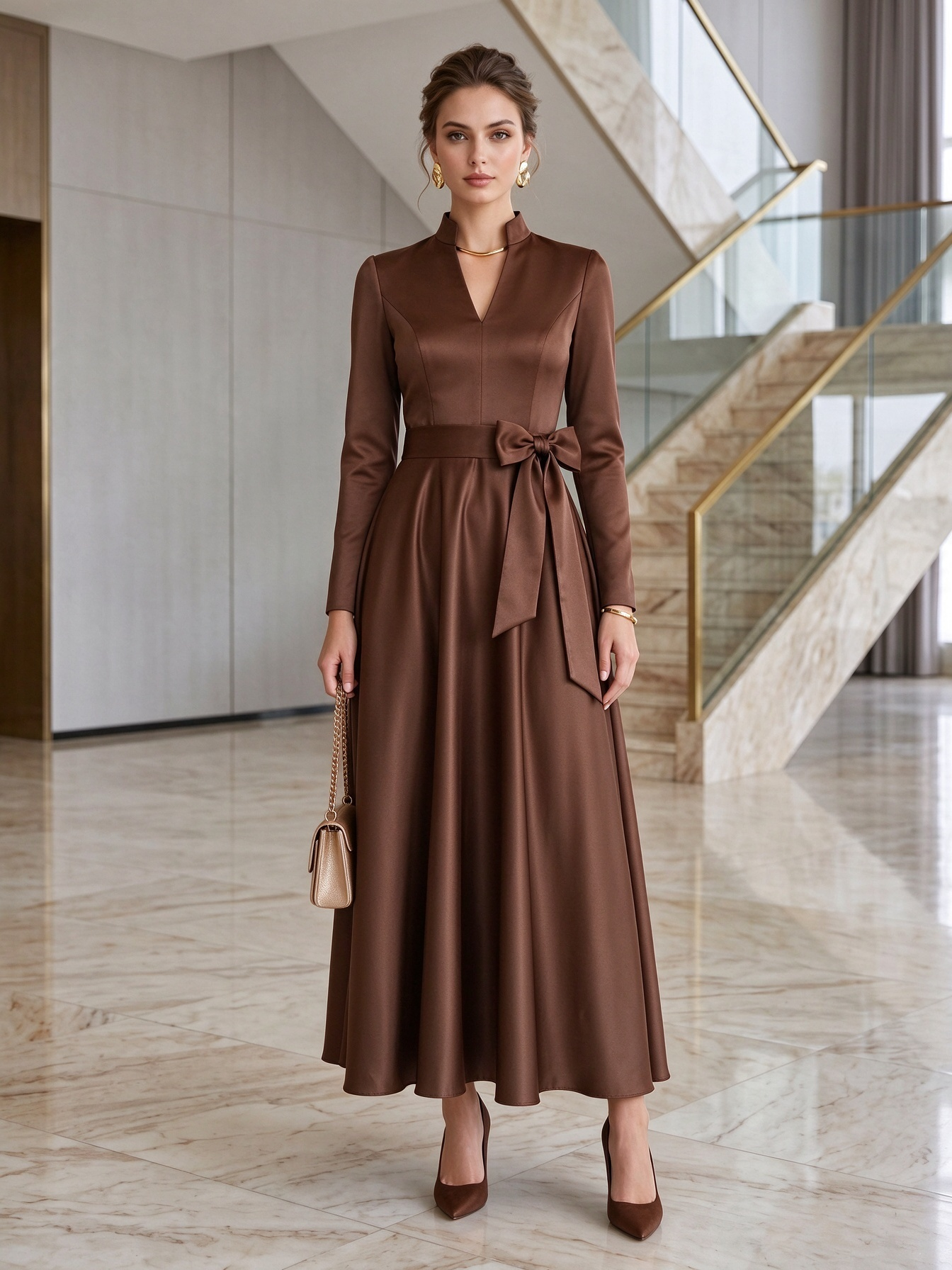 Navy Satin High Neck Long Sleeve Bow Belt A-Line Maxi Dress