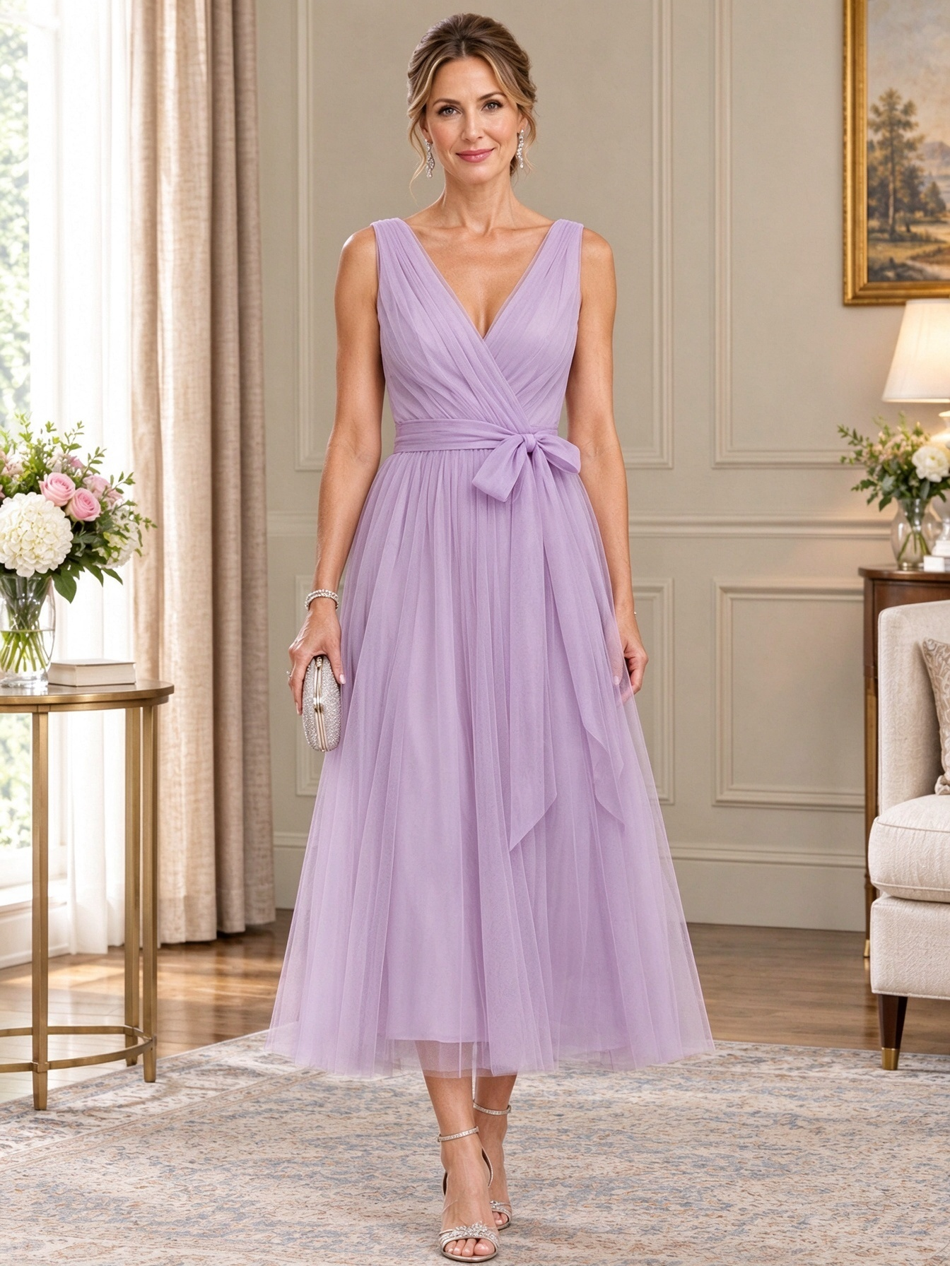 Mesh Chiffon V-Neck Belted A-Line Midi Dress