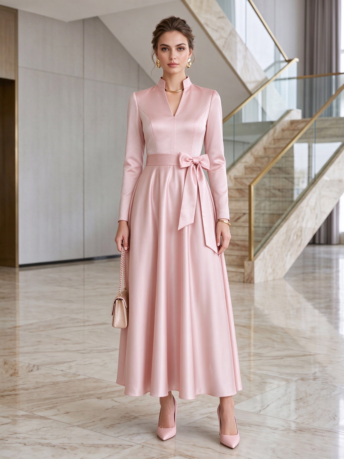 Navy Satin High Neck Long Sleeve Bow Belt A-Line Maxi Dress
