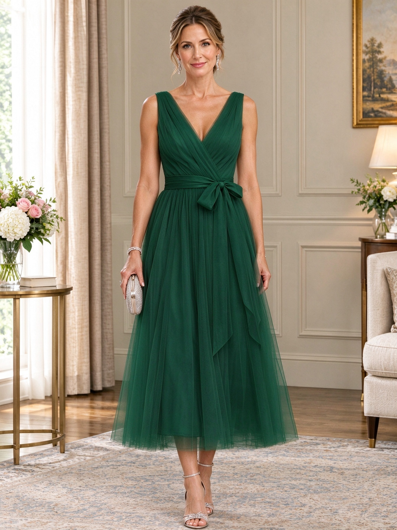 Mesh Chiffon V-Neck Belted A-Line Midi Dress