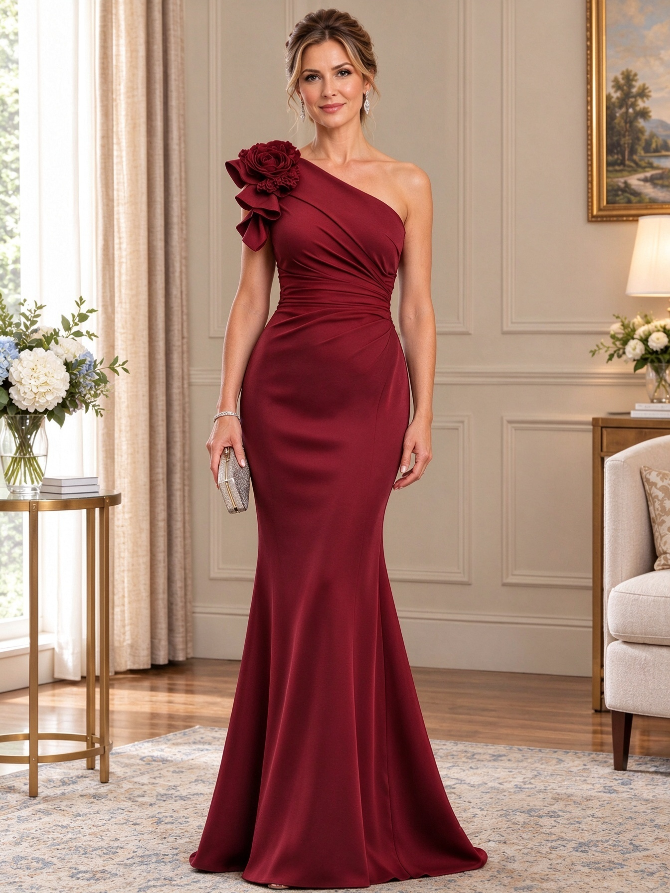 Navy Blue 3D Floral Applique Chiffon One-Shoulder Maxi Dress