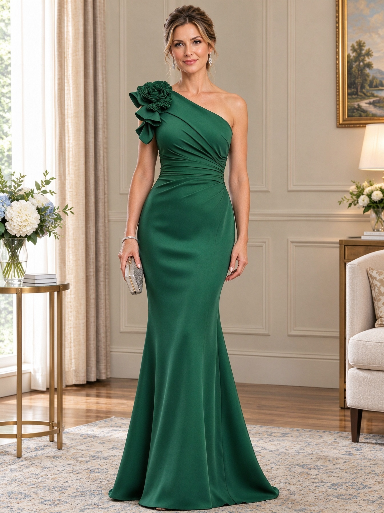 Navy Blue 3D Floral Applique Chiffon One-Shoulder Maxi Dress