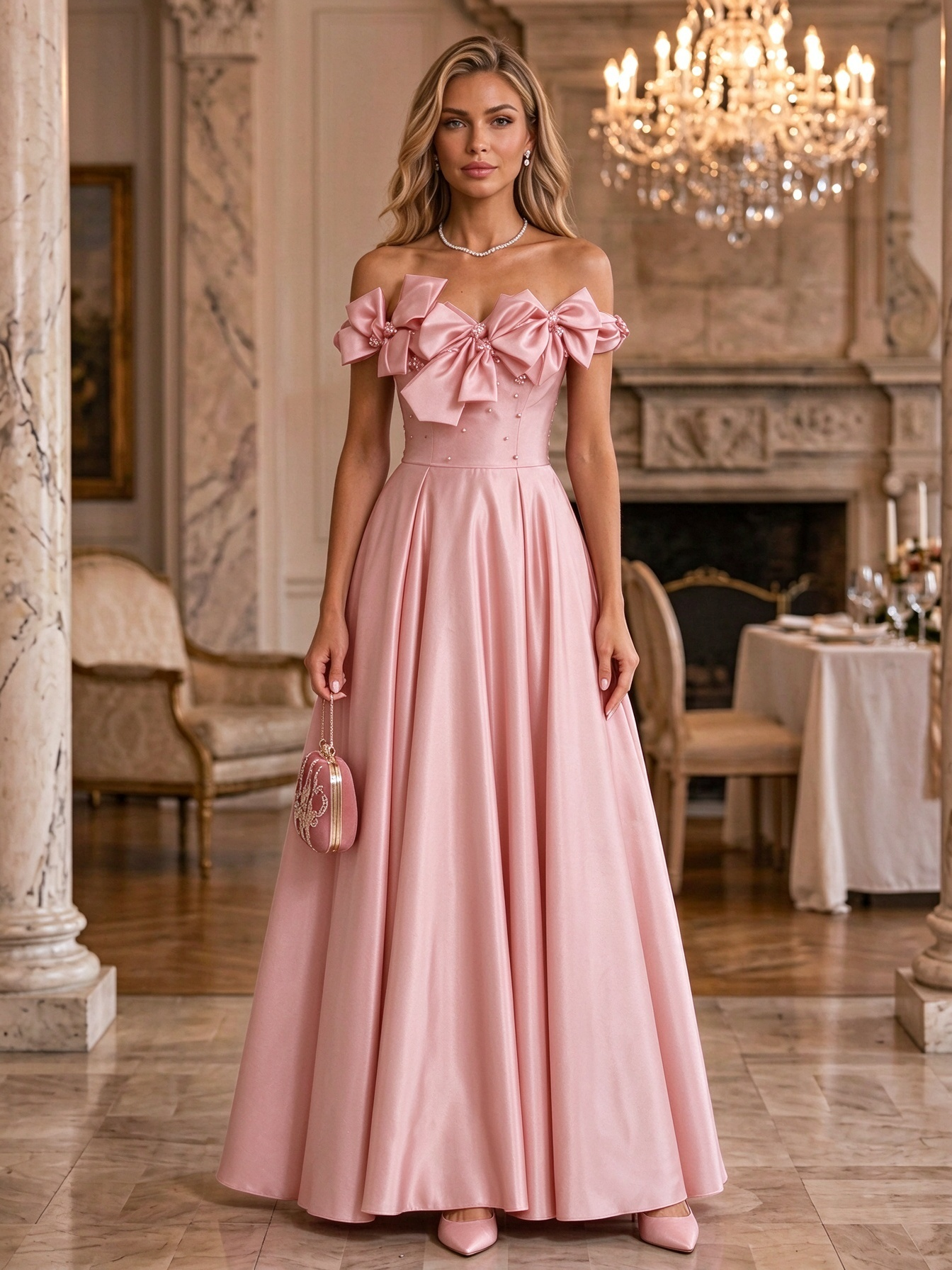 Burgundy Off Shoulder Bow Satin Ball Gown Maxi Dress