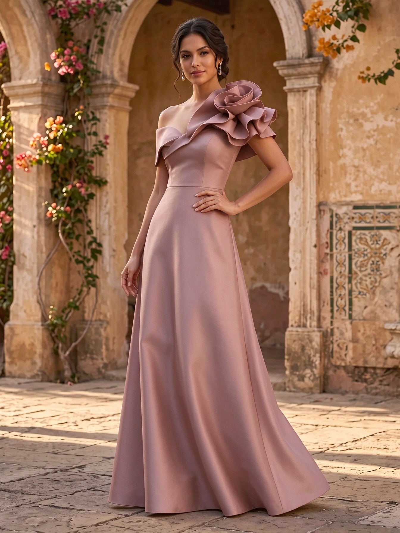 Fuchsia Off Shoulder One Side Floral A Line Floor-Length Evening Dress