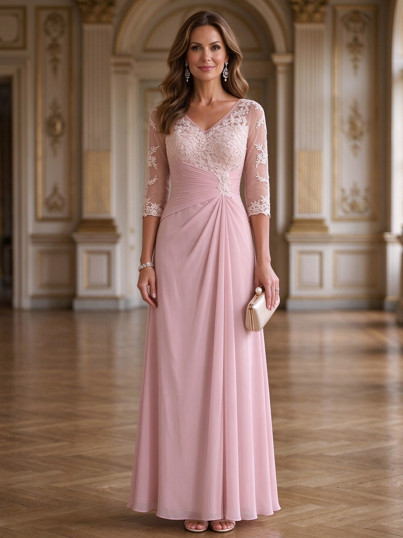Champagne Lace Chiffon V-Neck Maxi Dress