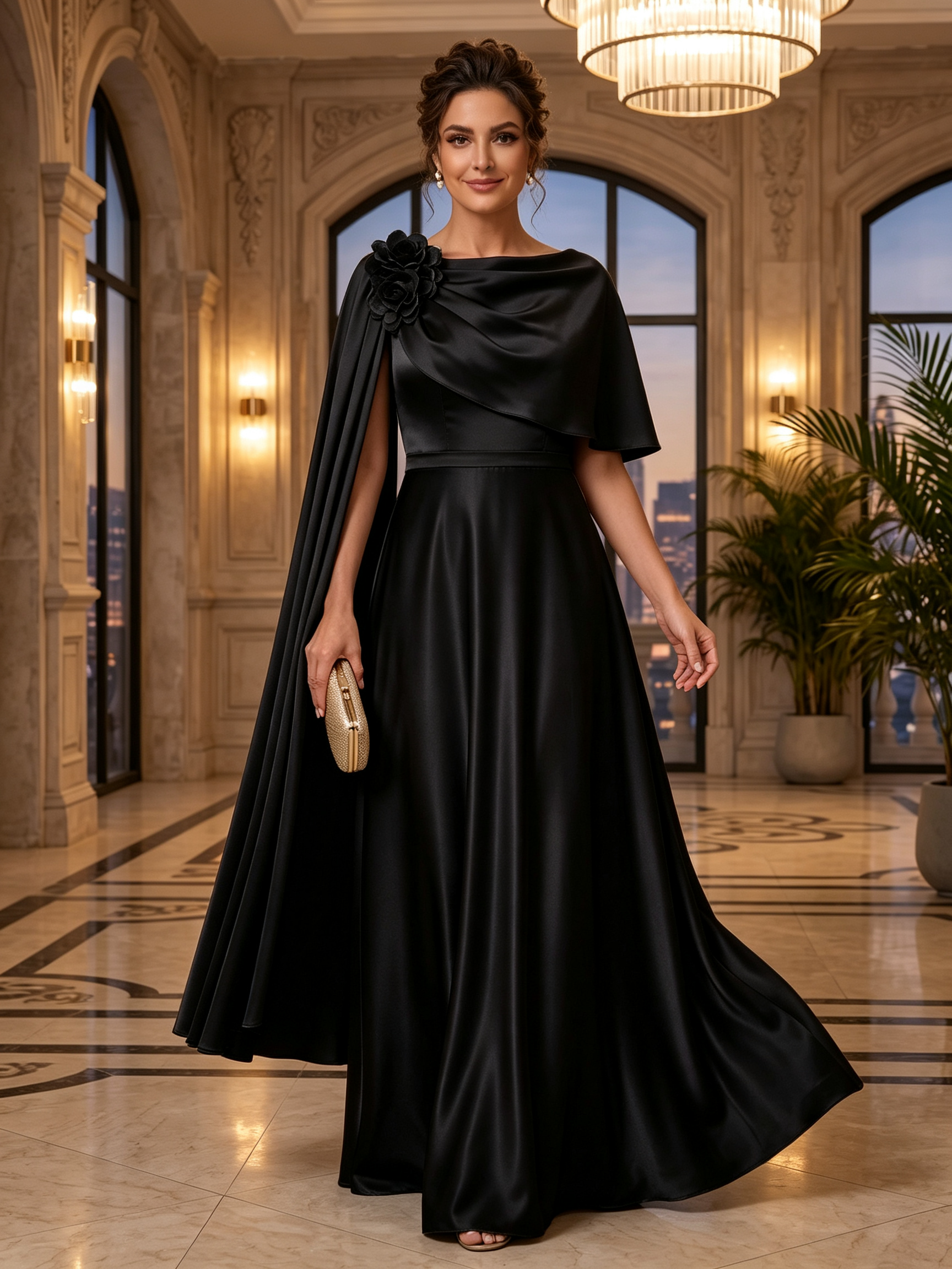 Champagne Cowl Neck Draped Shoulder Floral A-Line Maxi Dress