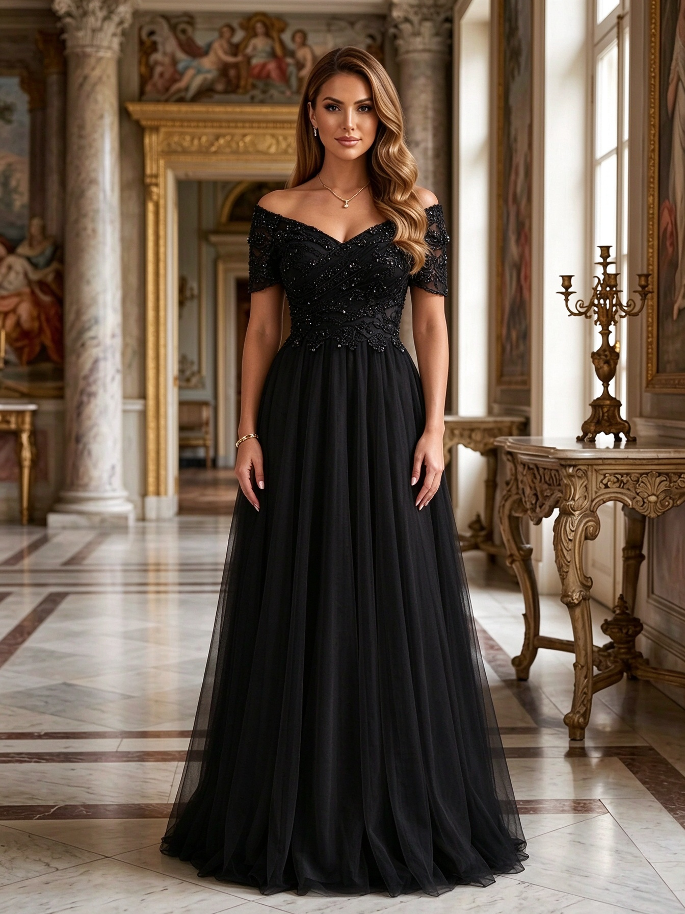 Champagne Off Shoulder Beaded Sleeve Tulle A-Line Maxi Dress