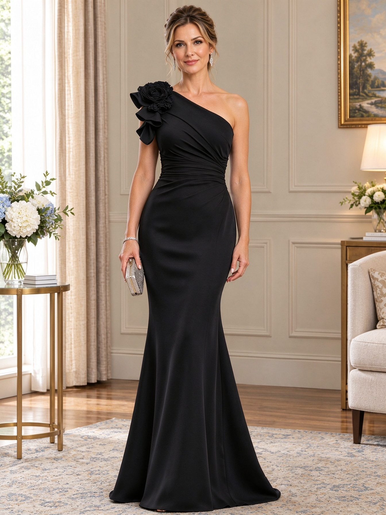 Navy Blue 3D Floral Applique Chiffon One-Shoulder Maxi Dress