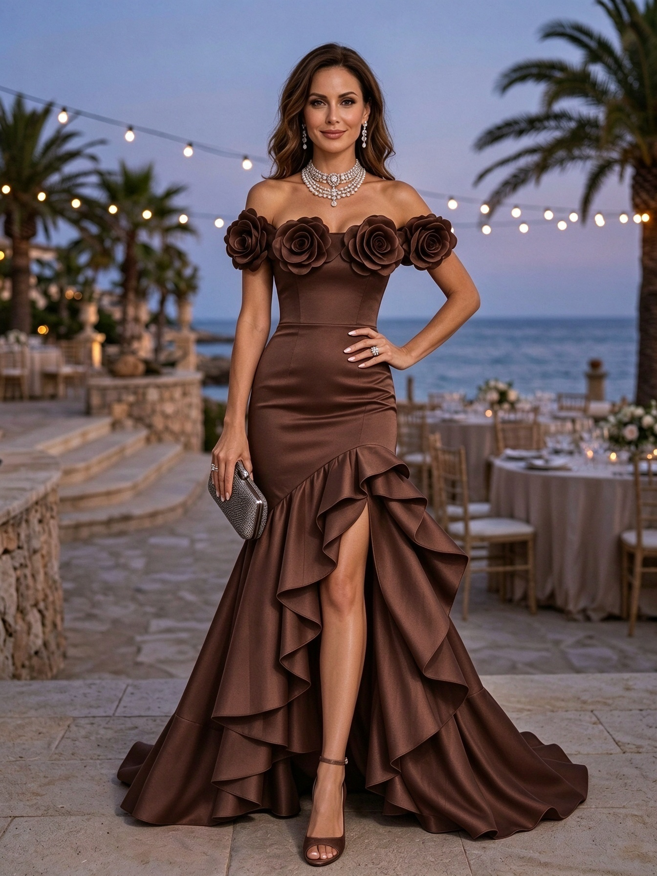Red Off Shoulder Satin Floral Ruffle Mermaid Maxi Dress