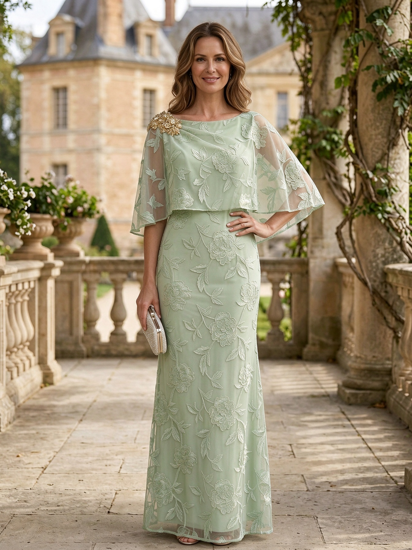 Light Blue Lace Blend Capelet Sleeve Maxi Dress