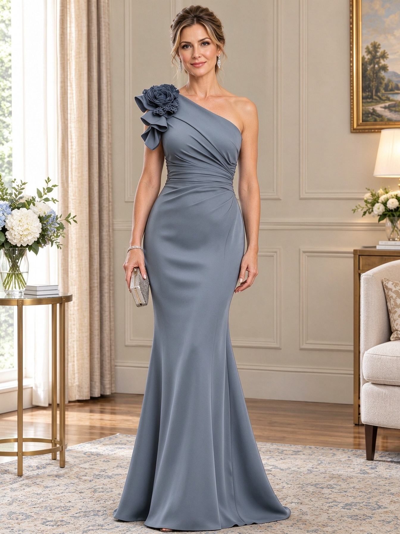 Navy Blue 3D Floral Applique Chiffon One-Shoulder Maxi Dress