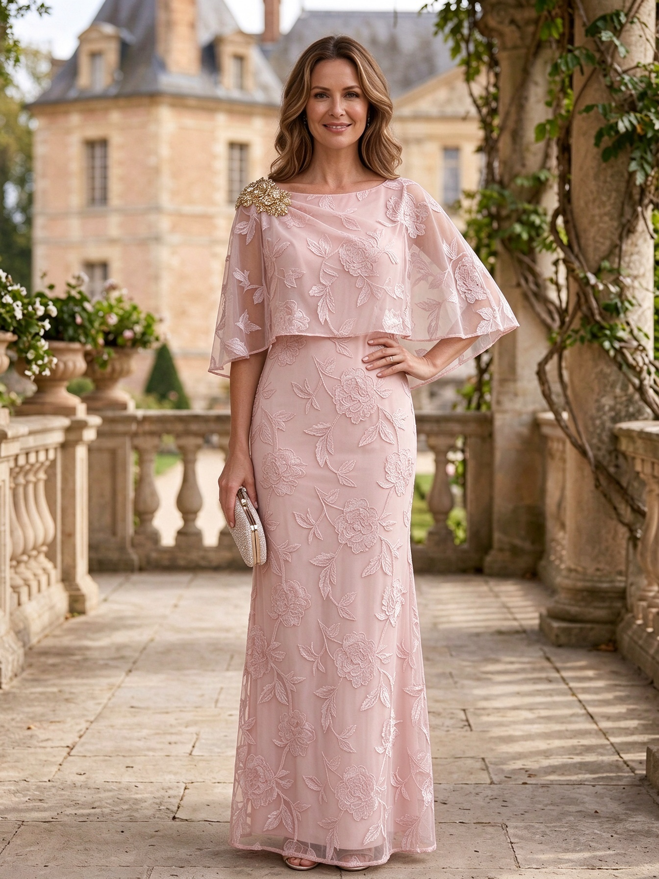 Light Blue Lace Blend Capelet Sleeve Maxi Dress