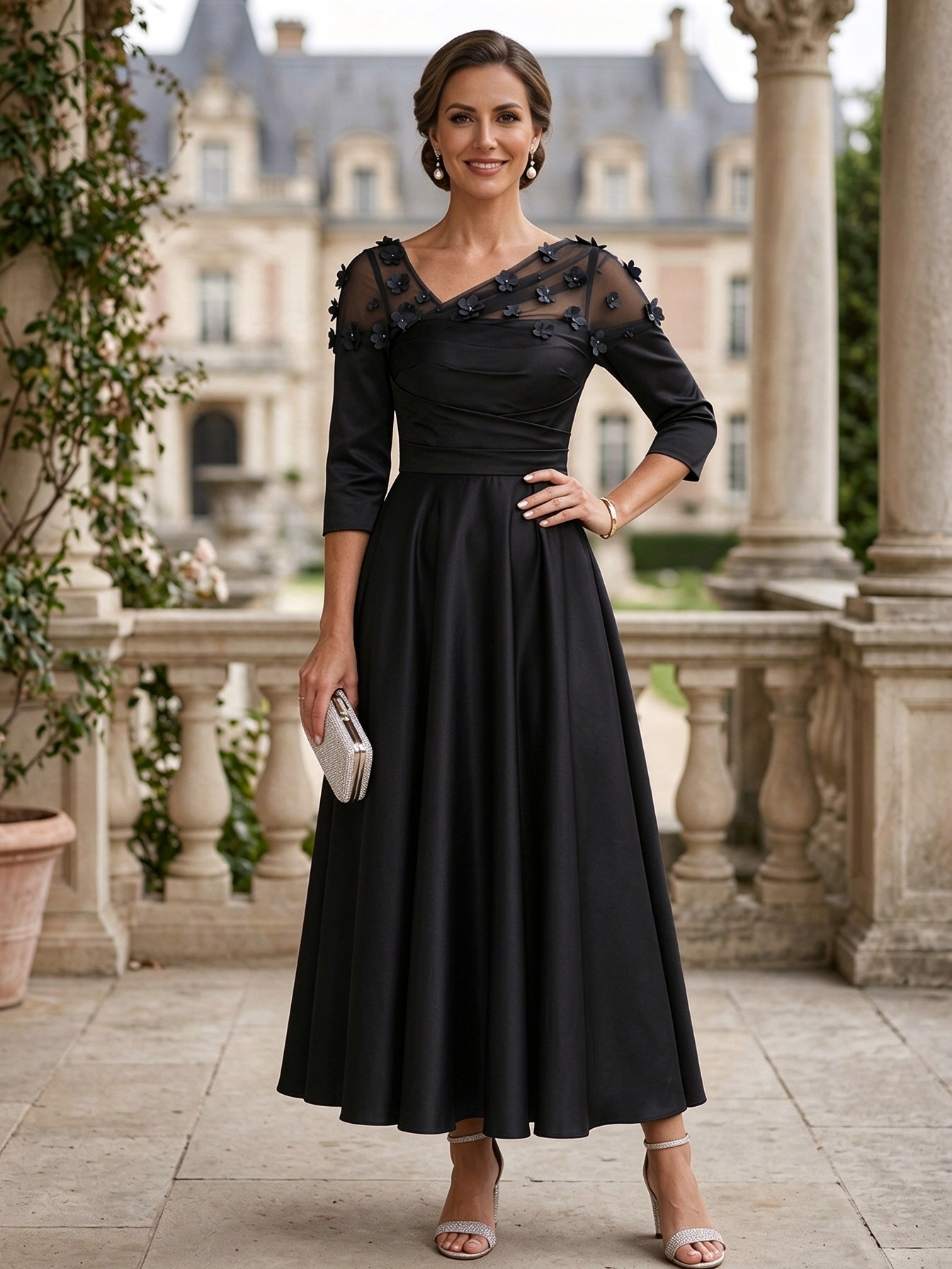 Navy Blue Satin Asymmetrical Neck A-Line Midi Dress