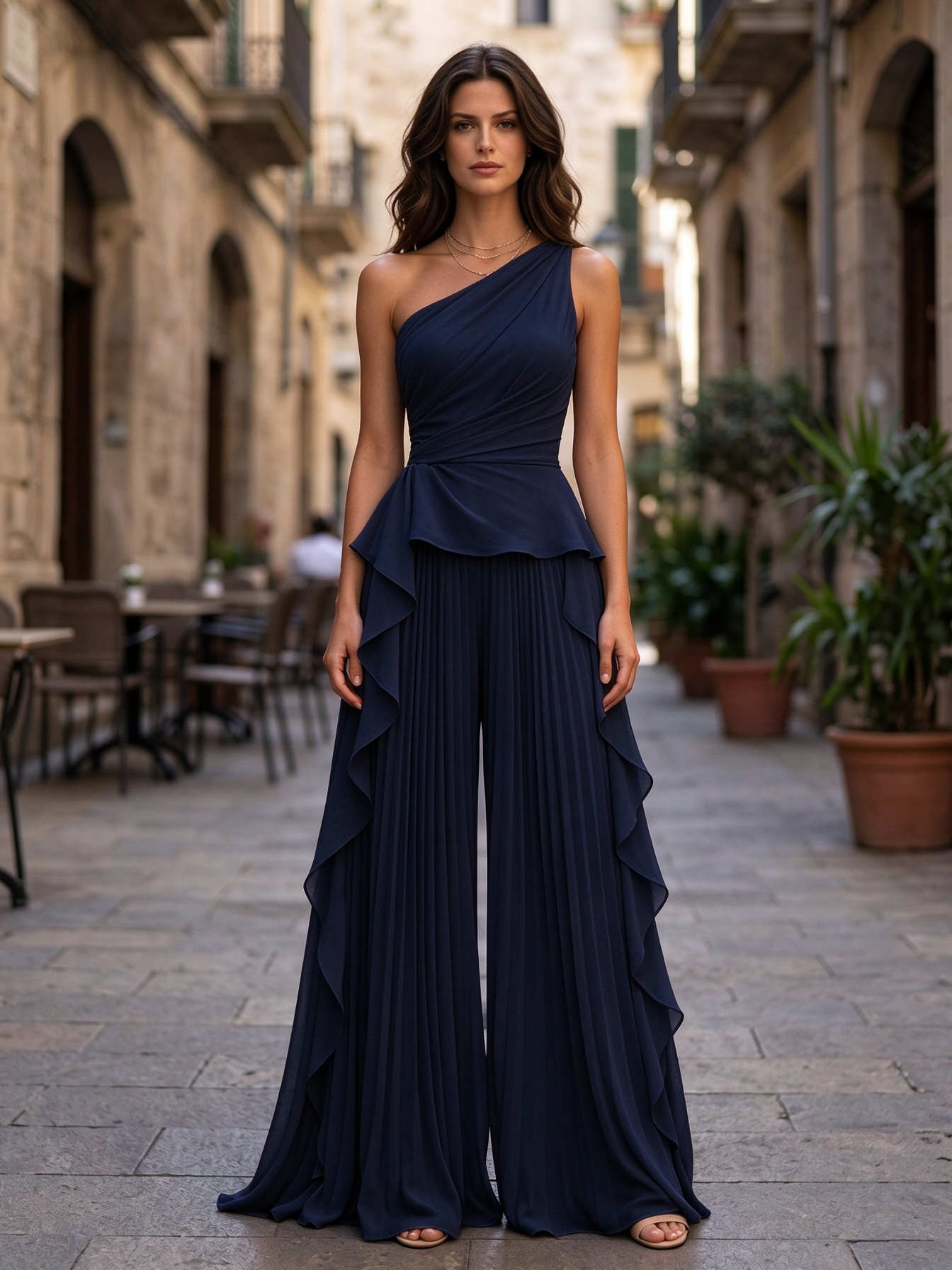 Blush Pink One-Shoulder Ruched Ruffle Wide Leg Jumpsuit