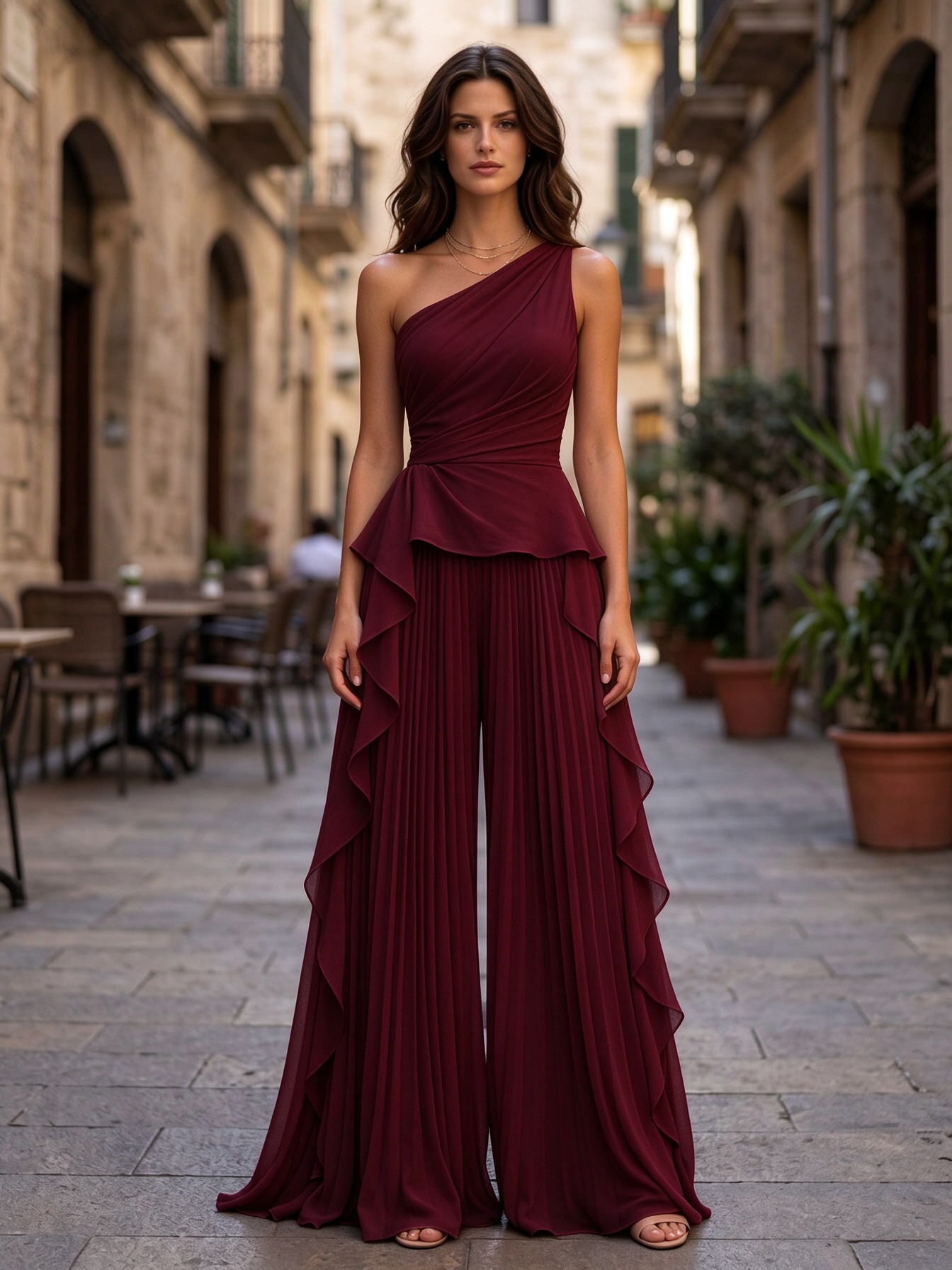 Blush Pink One-Shoulder Ruched Ruffle Wide Leg Jumpsuit
