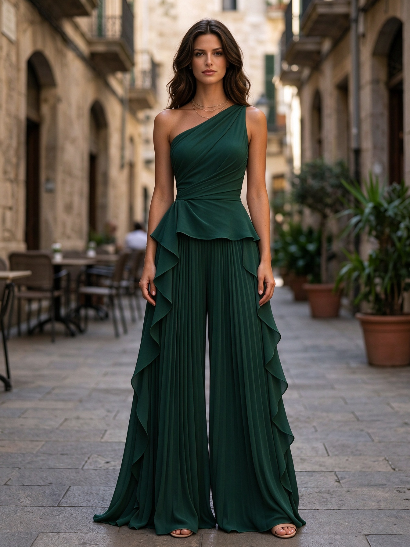 Blush Pink One-Shoulder Ruched Ruffle Wide Leg Jumpsuit