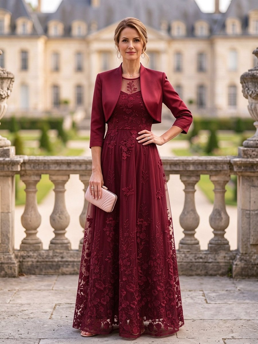 Navy Blue Lace Embroidered A-Line Maxi Dress with Jacket
