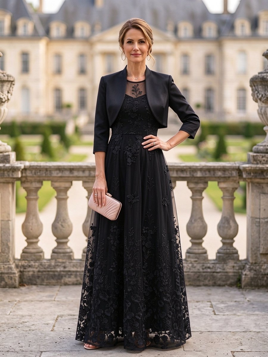 Navy Blue Lace Embroidered A-Line Maxi Dress with Jacket