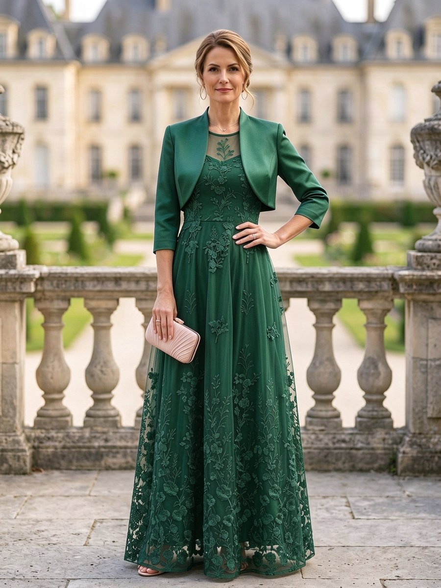 Navy Blue Lace Embroidered A-Line Maxi Dress with Jacket
