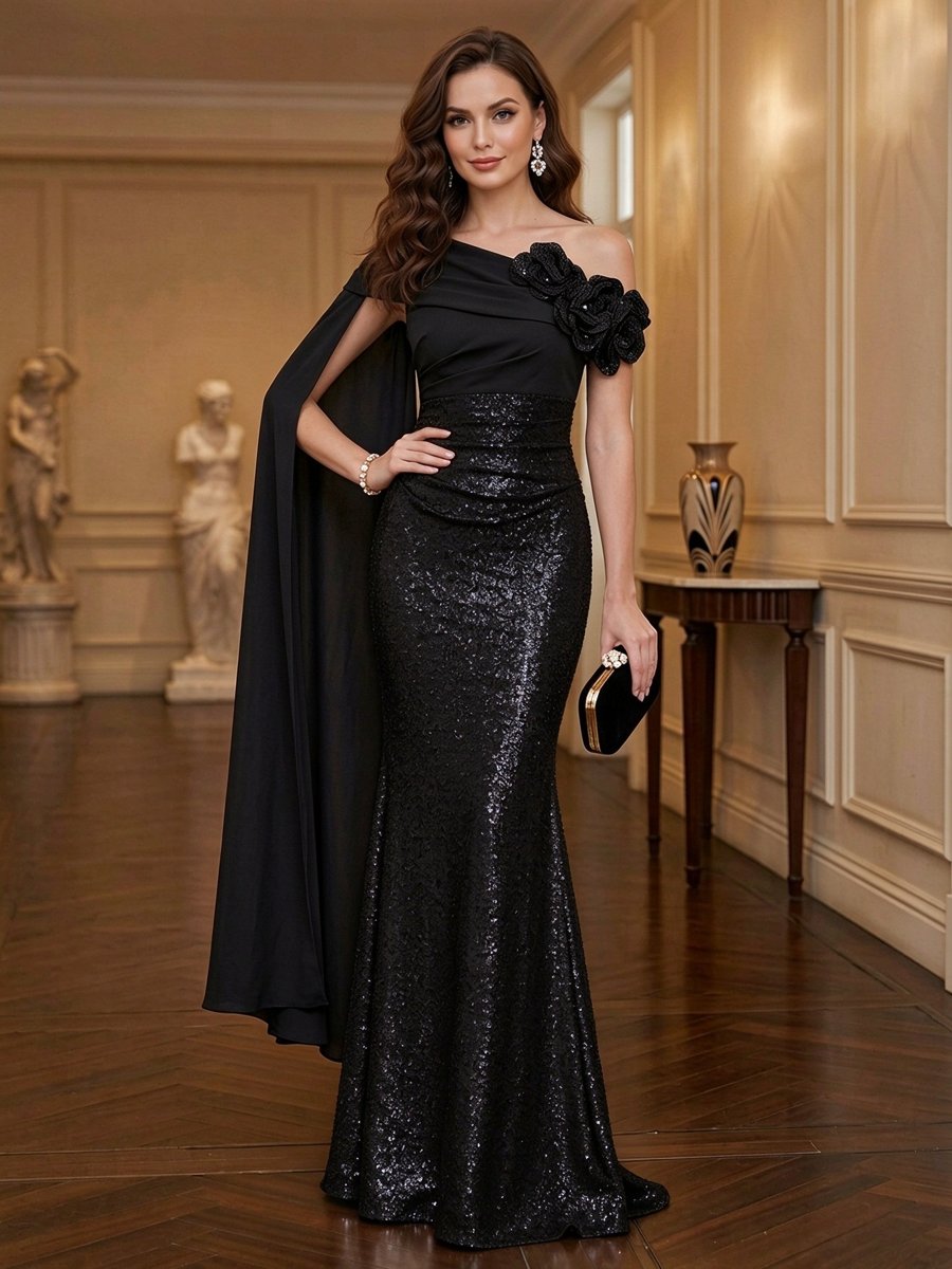 Black & Gold One Shoulder Sequin Floral Mermaid Maxi Dress