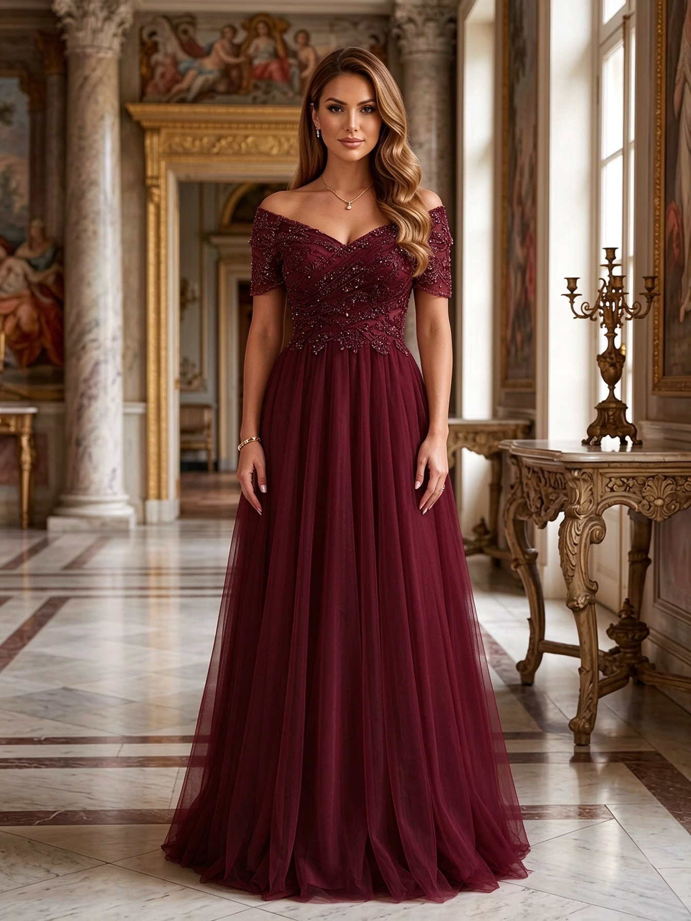 Champagne Off Shoulder Beaded Sleeve Tulle A-Line Maxi Dress
