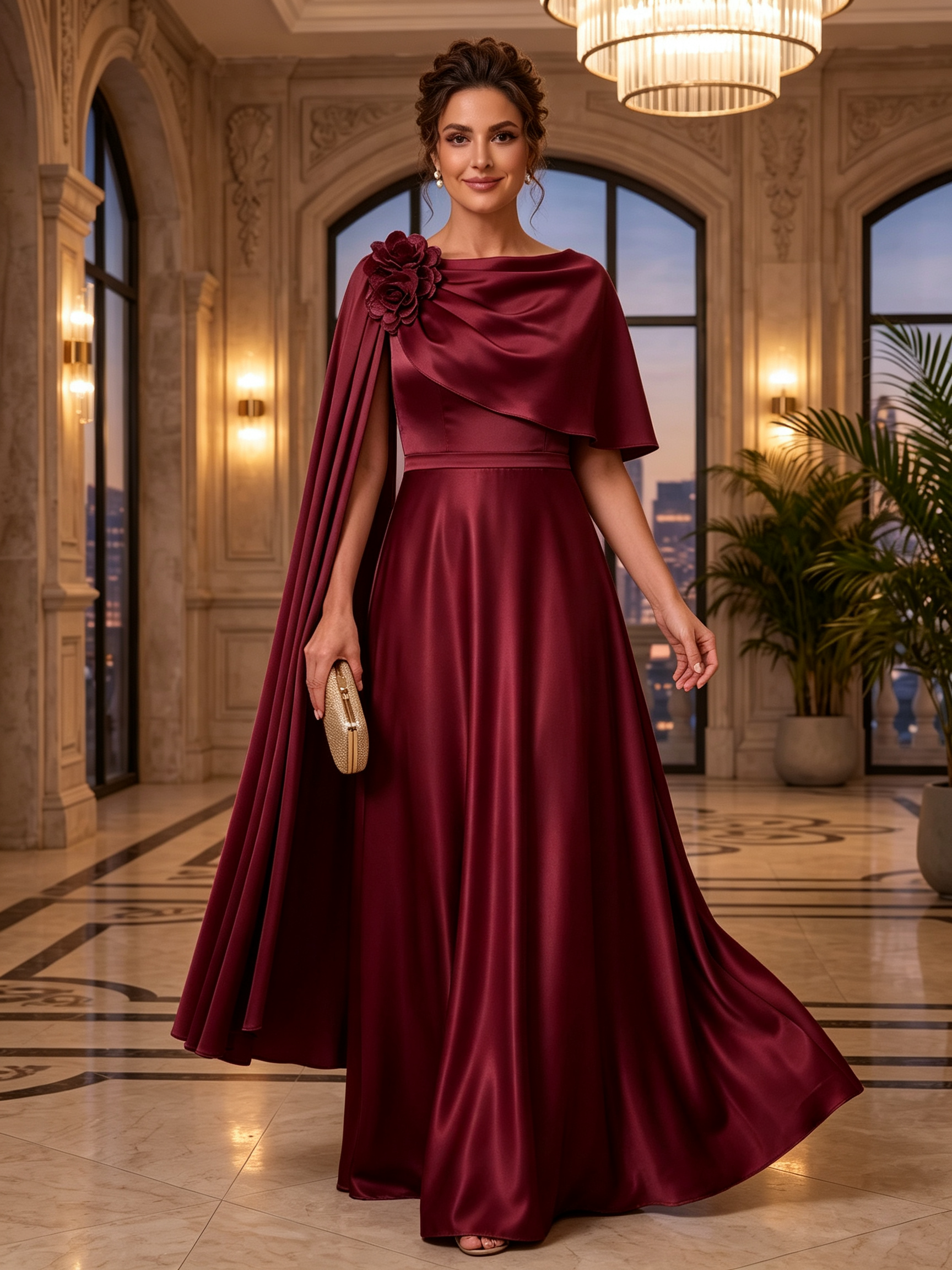 Champagne Cowl Neck Draped Shoulder Floral A-Line Maxi Dress