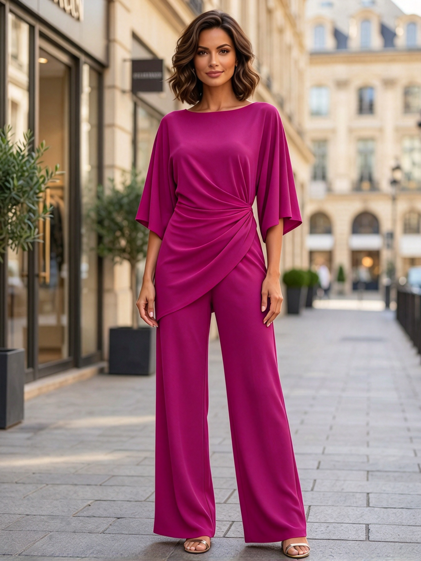 Navy Blue Boat Neck Twist Waist Wide Leg Jumpsuit