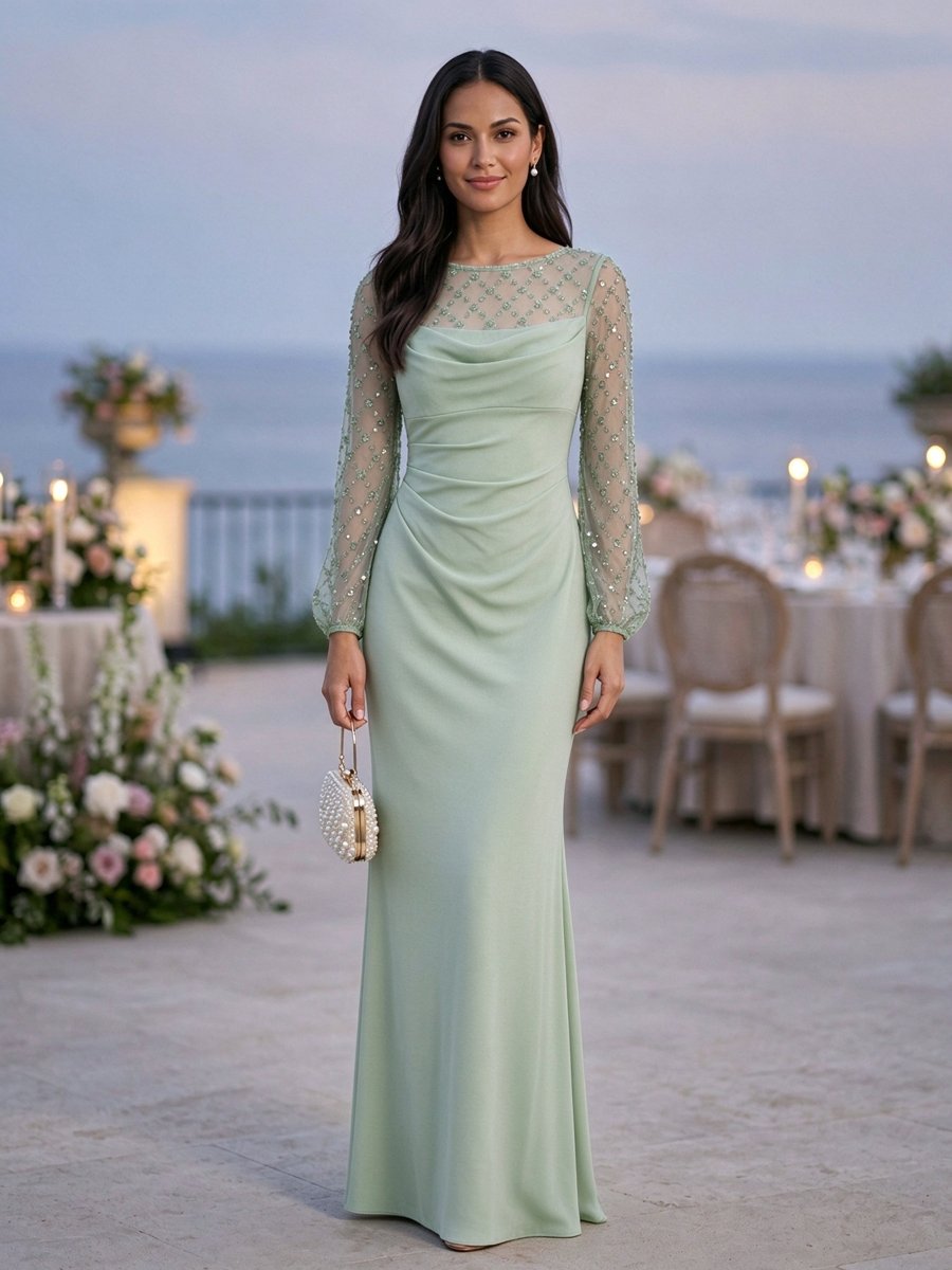 Burgundy Mesh Long Sleeve Beaded Mermaid Maxi Dress