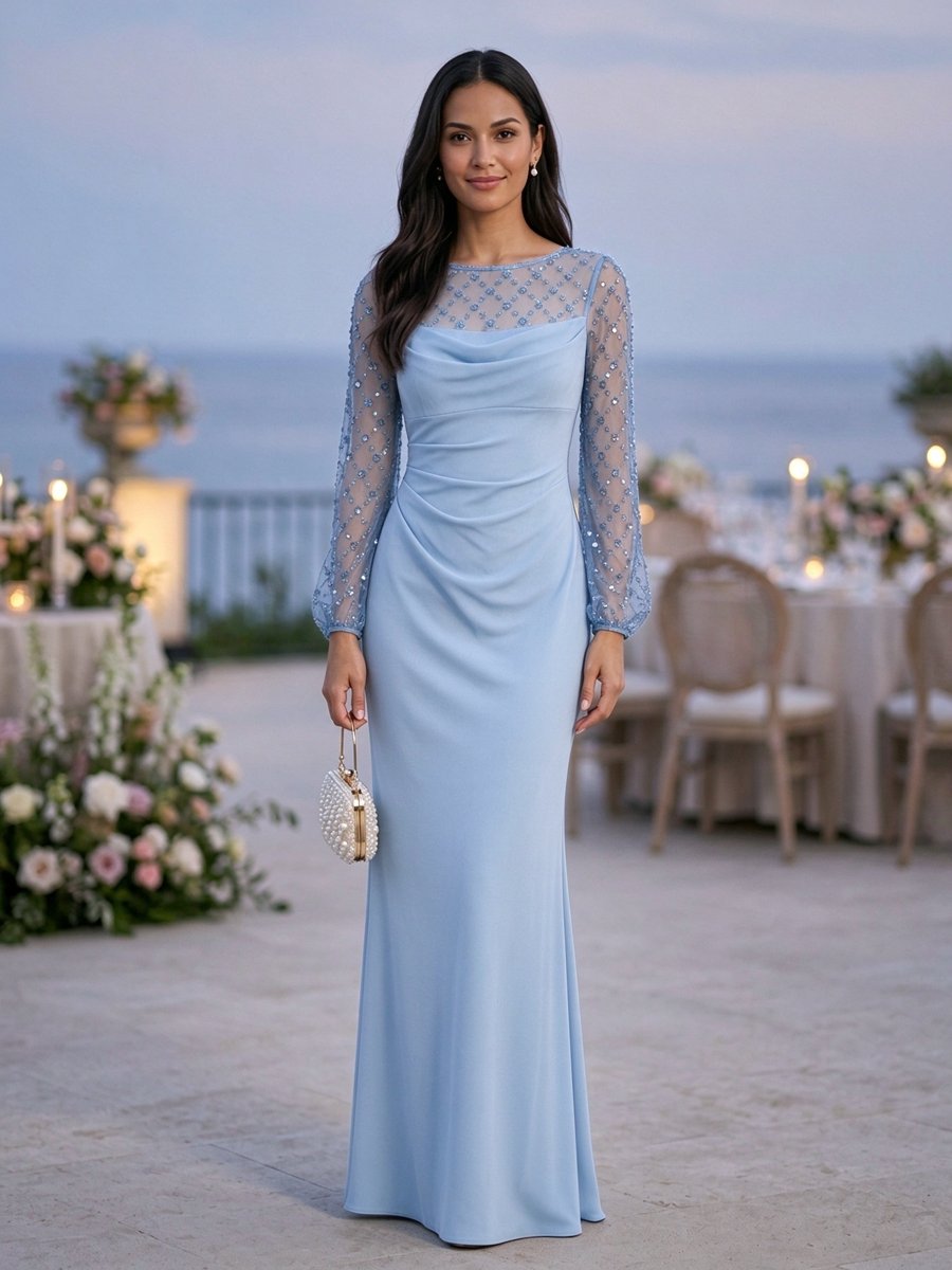 Burgundy Mesh Long Sleeve Beaded Mermaid Maxi Dress