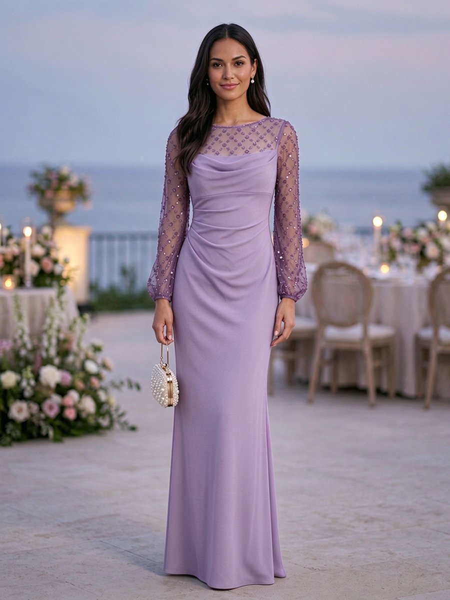 Burgundy Mesh Long Sleeve Beaded Mermaid Maxi Dress