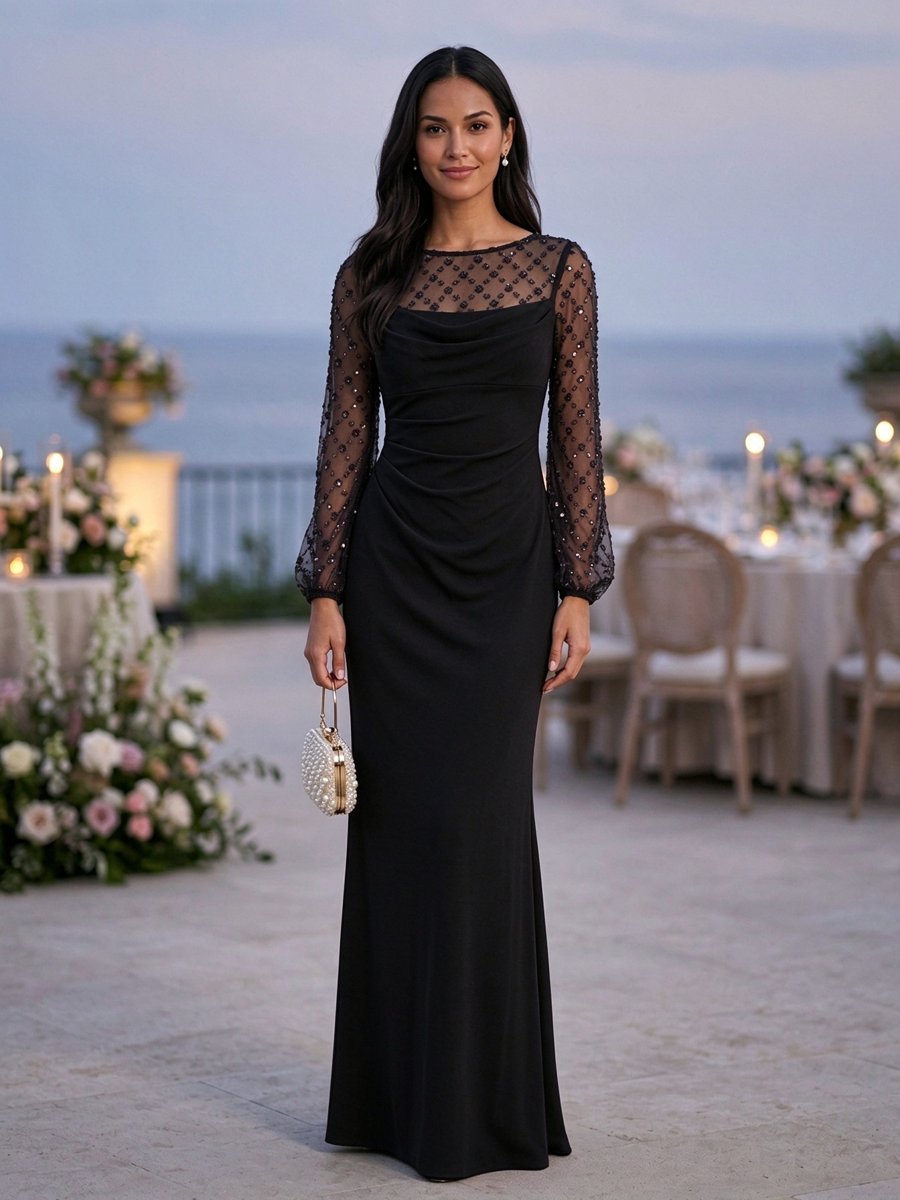 Burgundy Mesh Long Sleeve Beaded Mermaid Maxi Dress