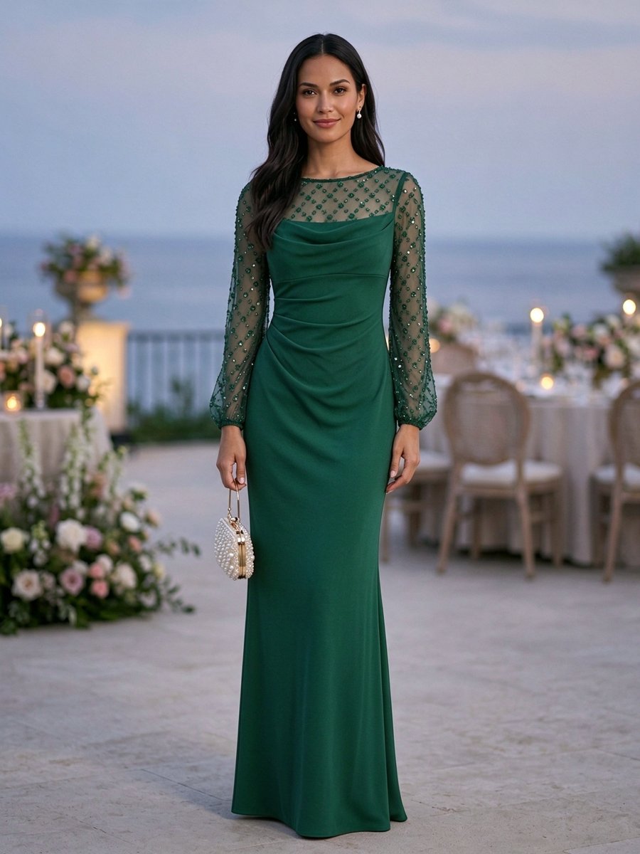 Burgundy Mesh Long Sleeve Beaded Mermaid Maxi Dress