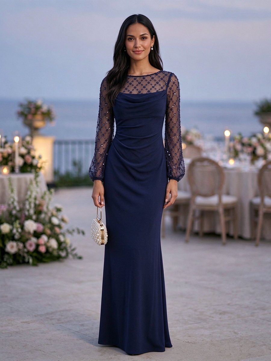 Burgundy Mesh Long Sleeve Beaded Mermaid Maxi Dress