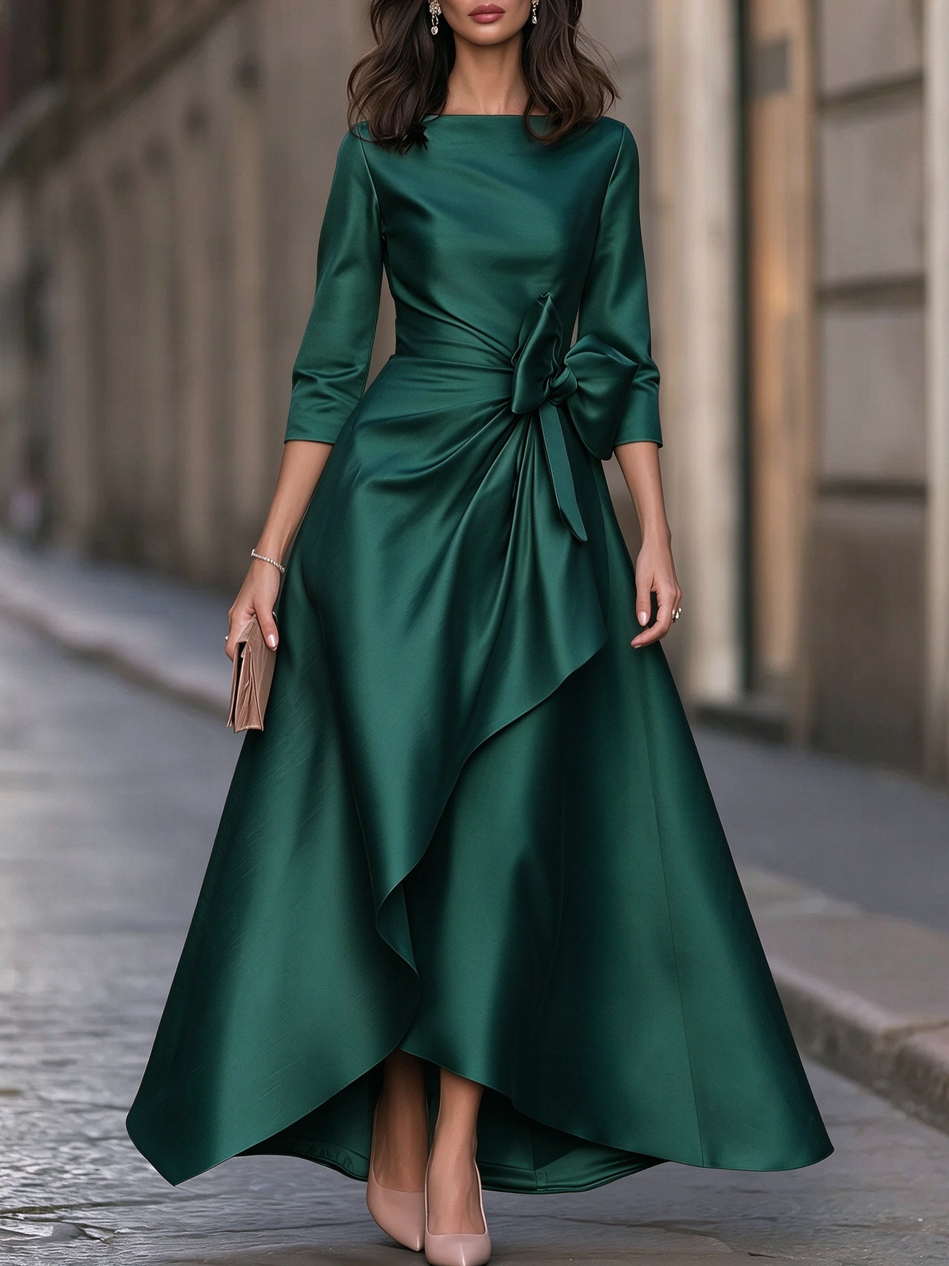 Boat-Neck Bow-Waist High-Low Maxi Dress