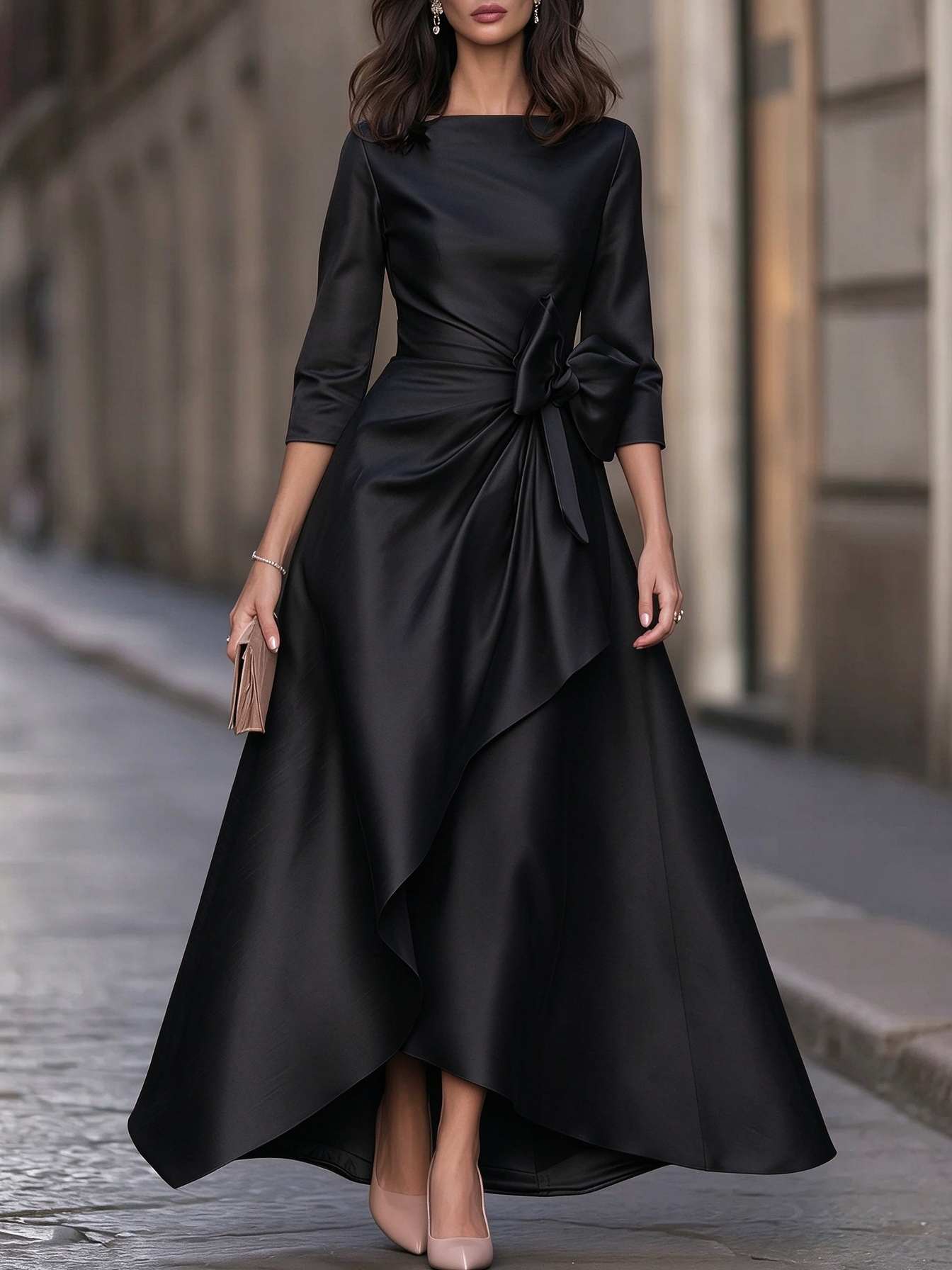 Boat-Neck Bow-Waist High-Low Maxi Dress