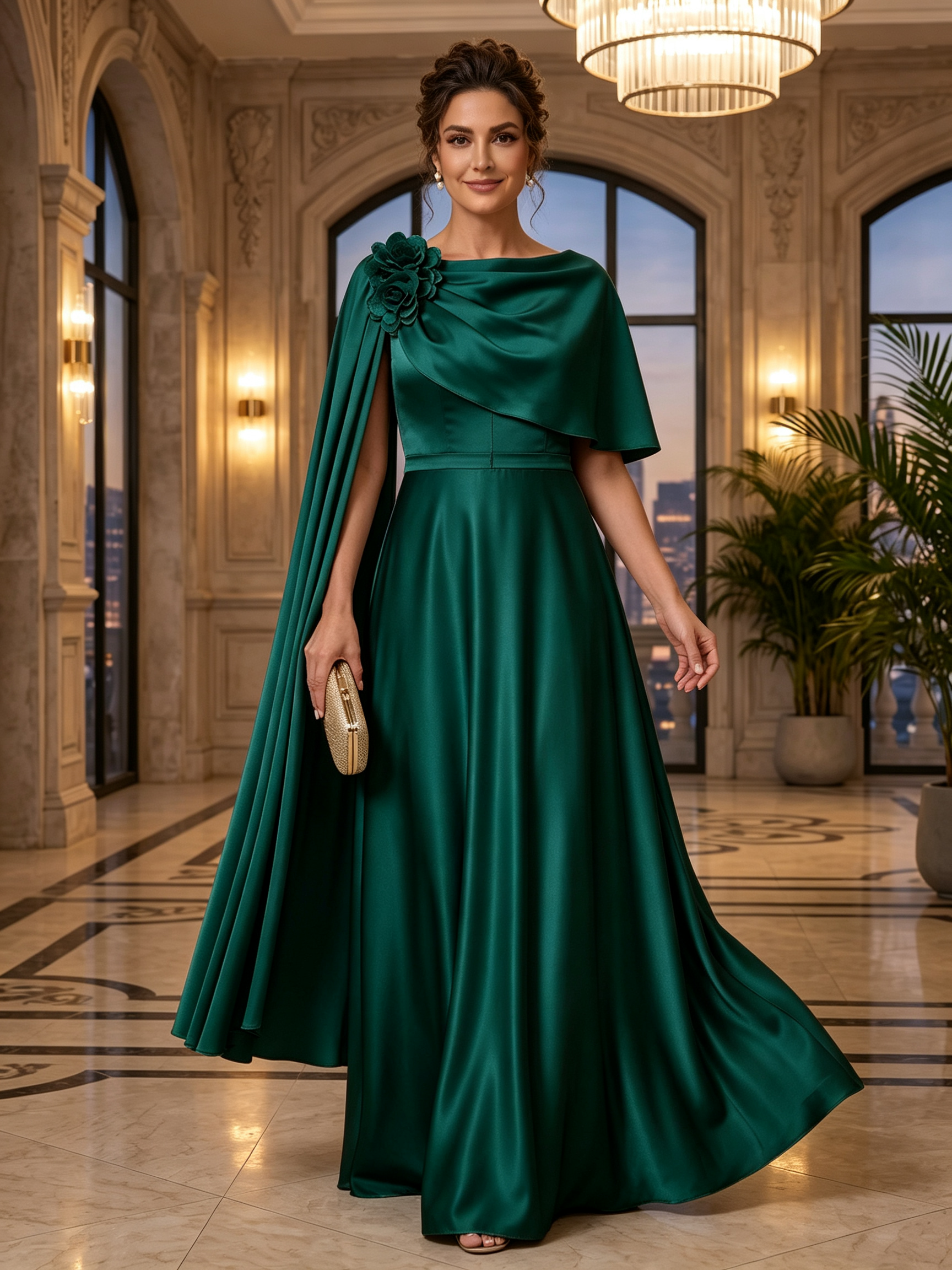 Champagne Cowl Neck Draped Shoulder Floral A-Line Maxi Dress