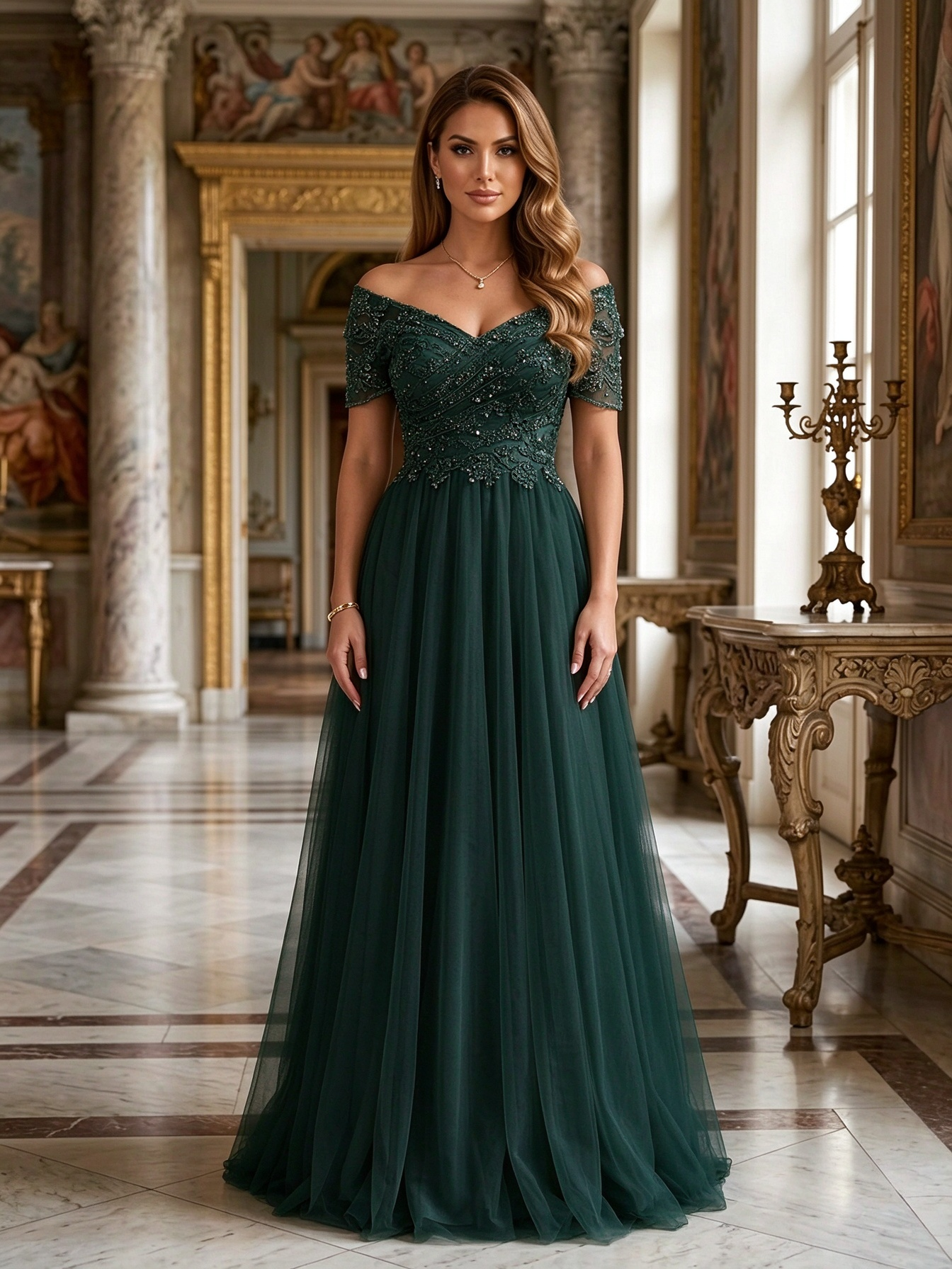 Champagne Off Shoulder Beaded Sleeve Tulle A-Line Maxi Dress