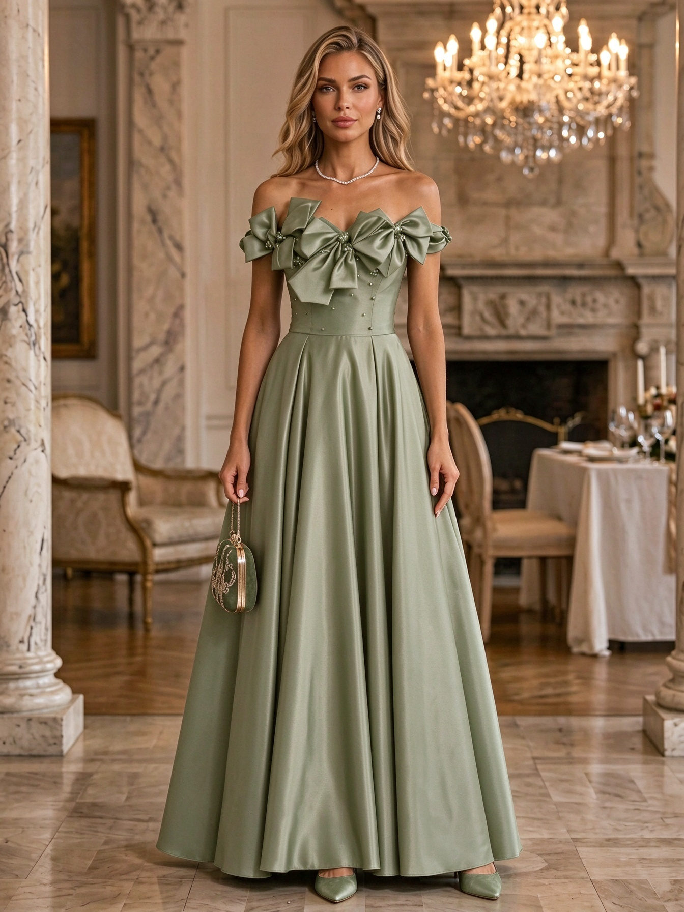 Burgundy Off Shoulder Bow Satin Ball Gown Maxi Dress