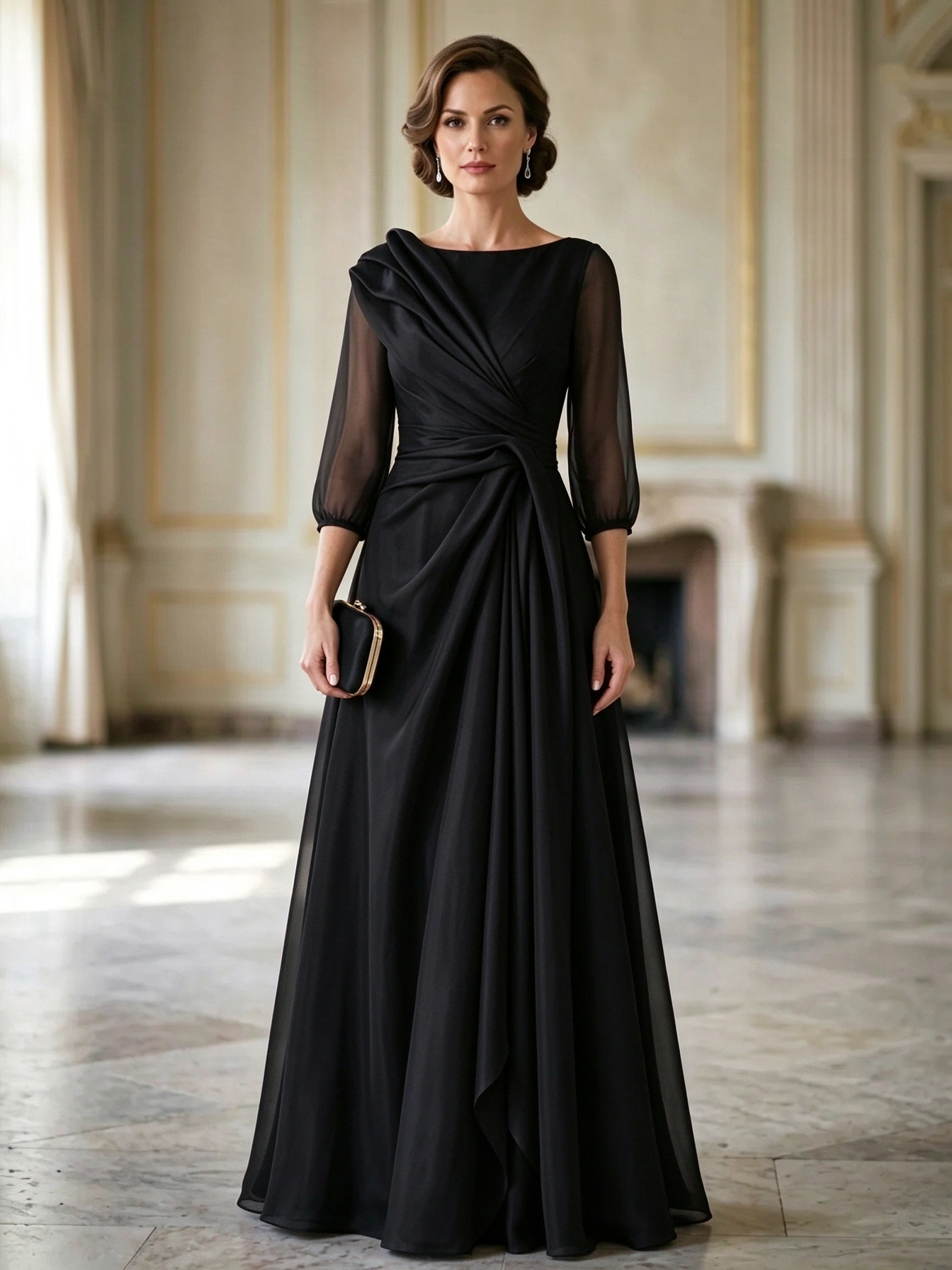 Burgundy Boat-Neck Mesh-Sleeve Ruched Twist Maxi Dress