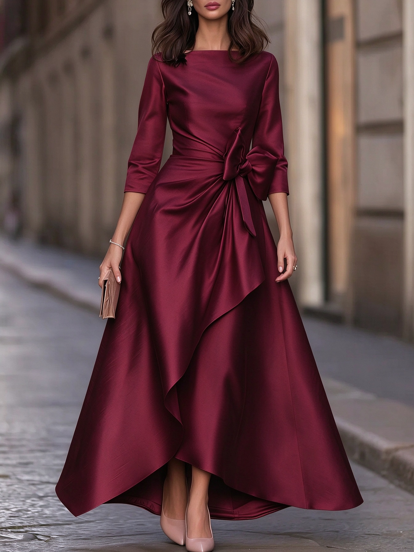 Boat-Neck Bow-Waist High-Low Maxi Dress